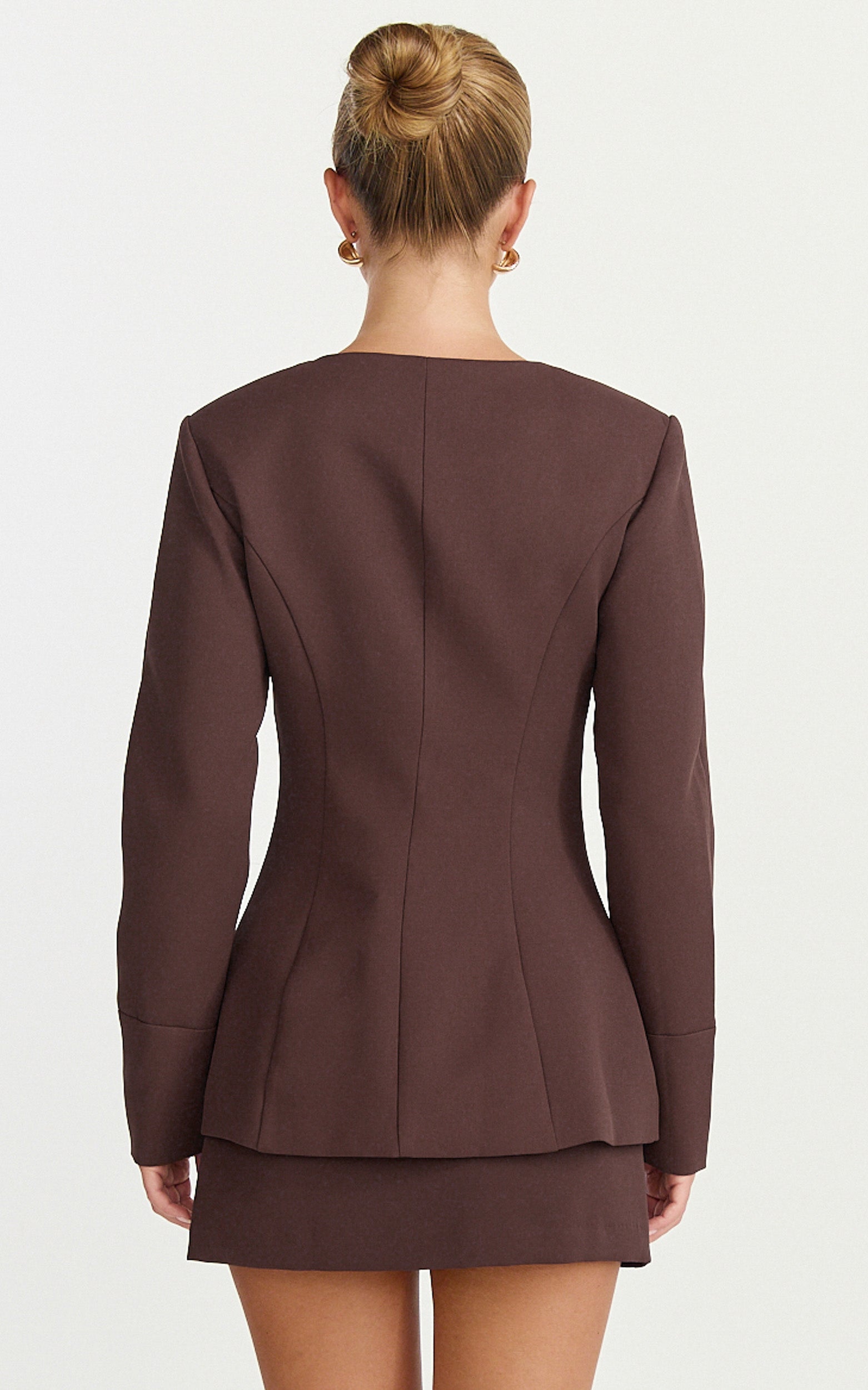 Mikey Jacket - Tailored Long Sleeve Collarless Jacket in Chocolate