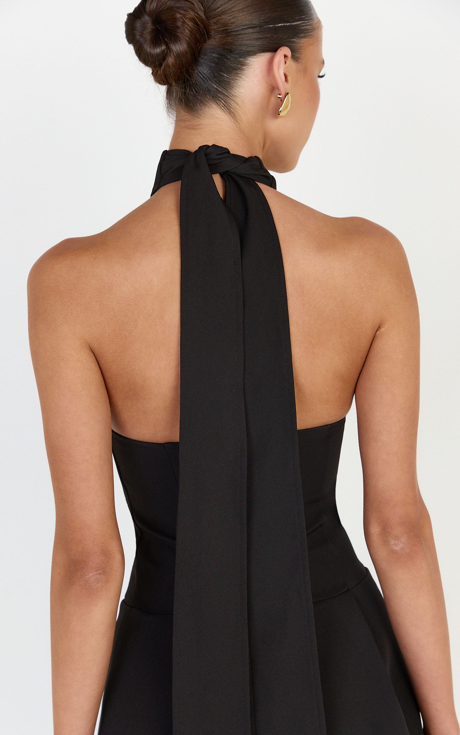 Helia Mini Dress - High Halter Neck Scarf Detail A Line Dress in Black