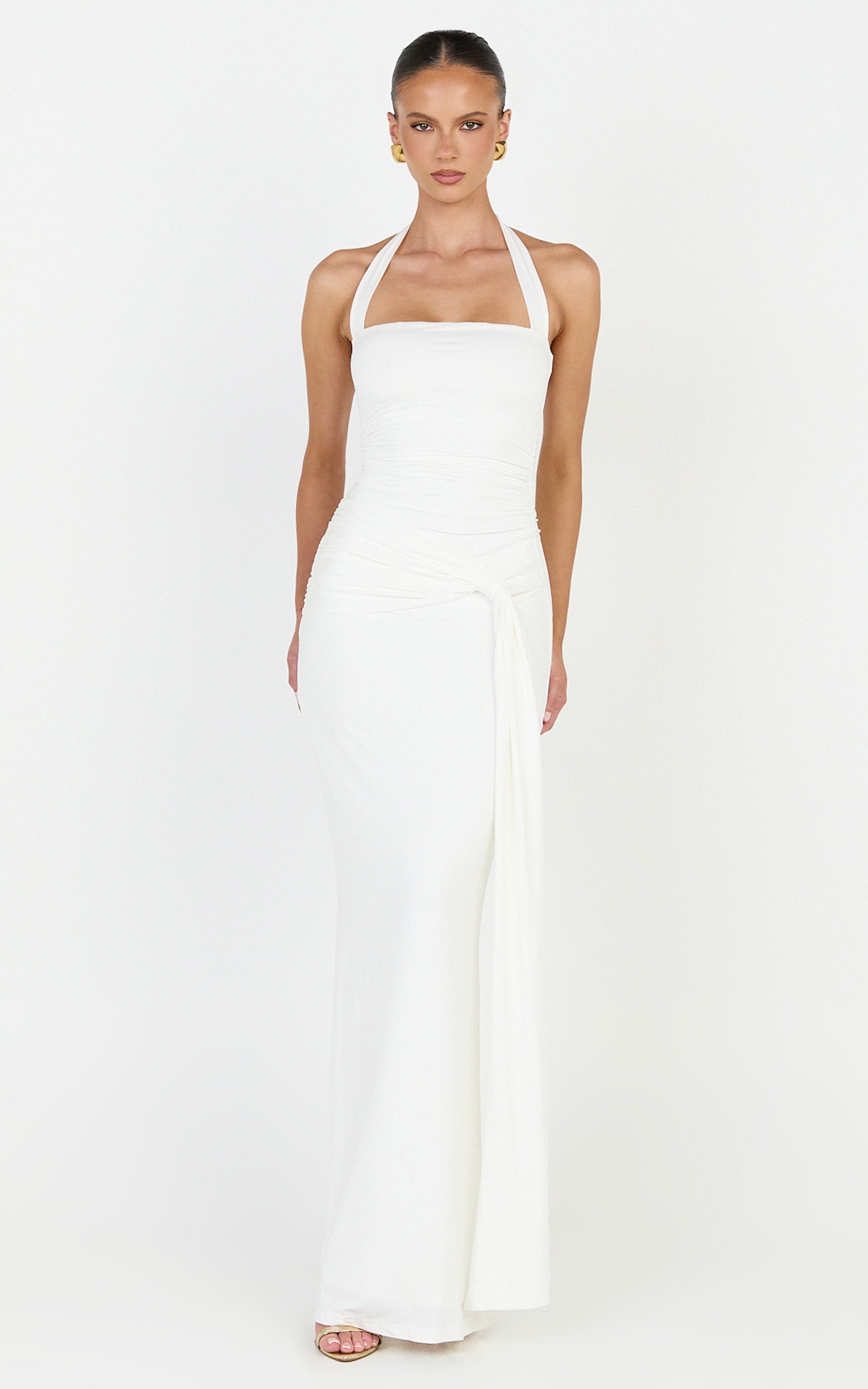 Amaya Maxi Dress - Draped Sash Halter Dress in White