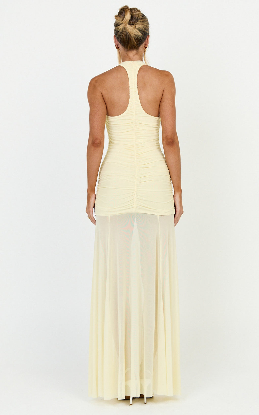 Kori Maxi Dress - Ruched Halterneck Mesh Dress With Racer Back in Lemon