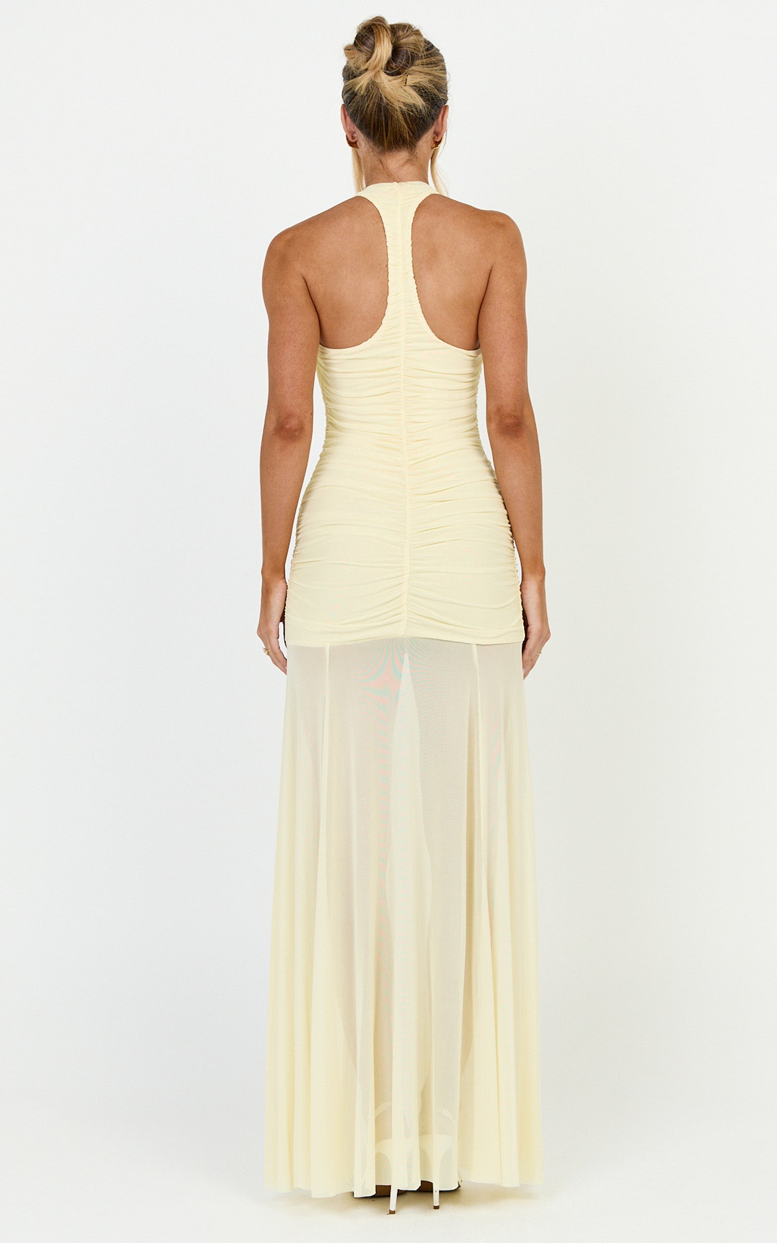 Kori Maxi Dress - Ruched Halterneck Mesh Dress With Racer Back in Lemon