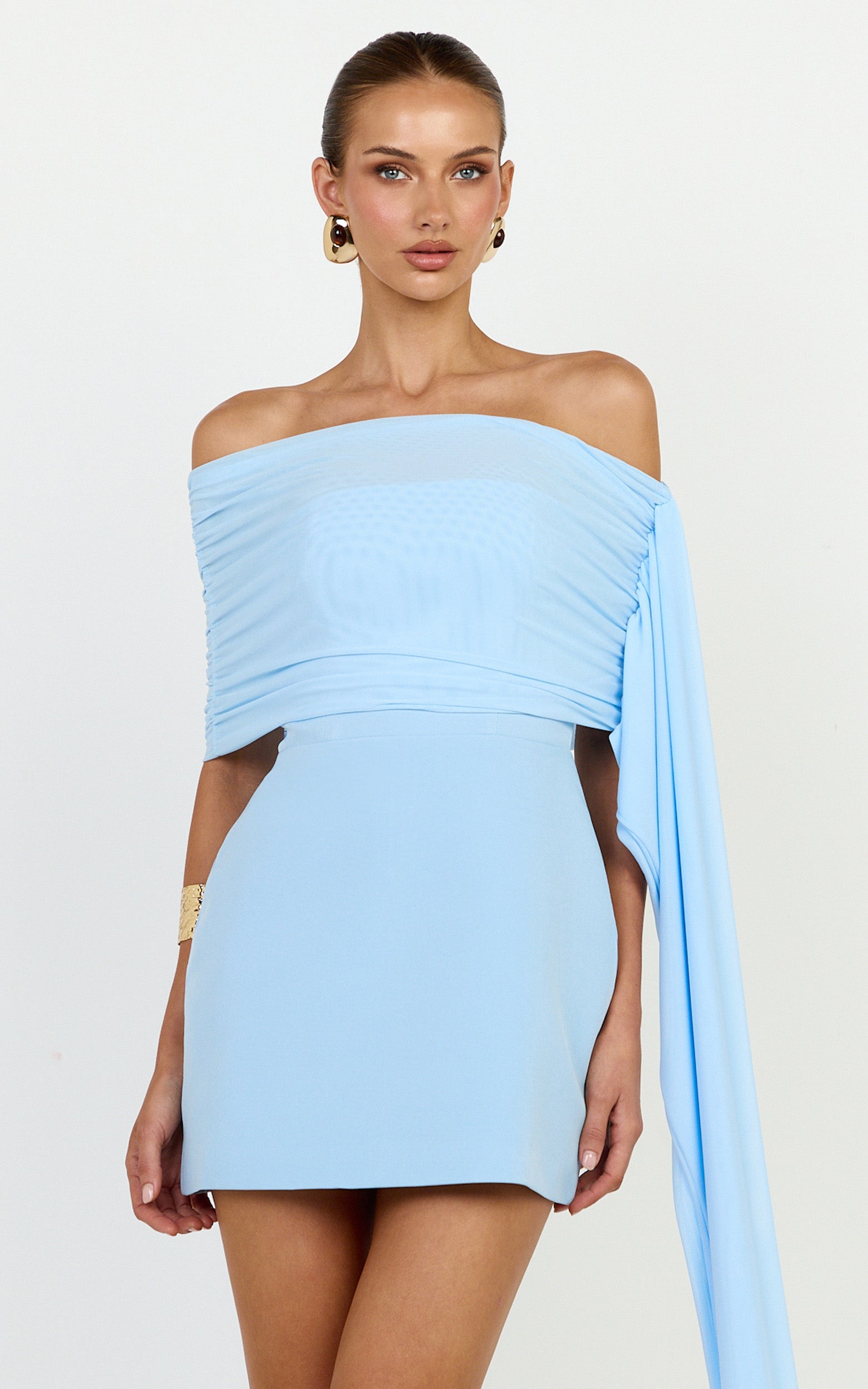 Elina Mini Dress - Off Shoulder Contrast Mesh Draped Overlay Dress in Blue