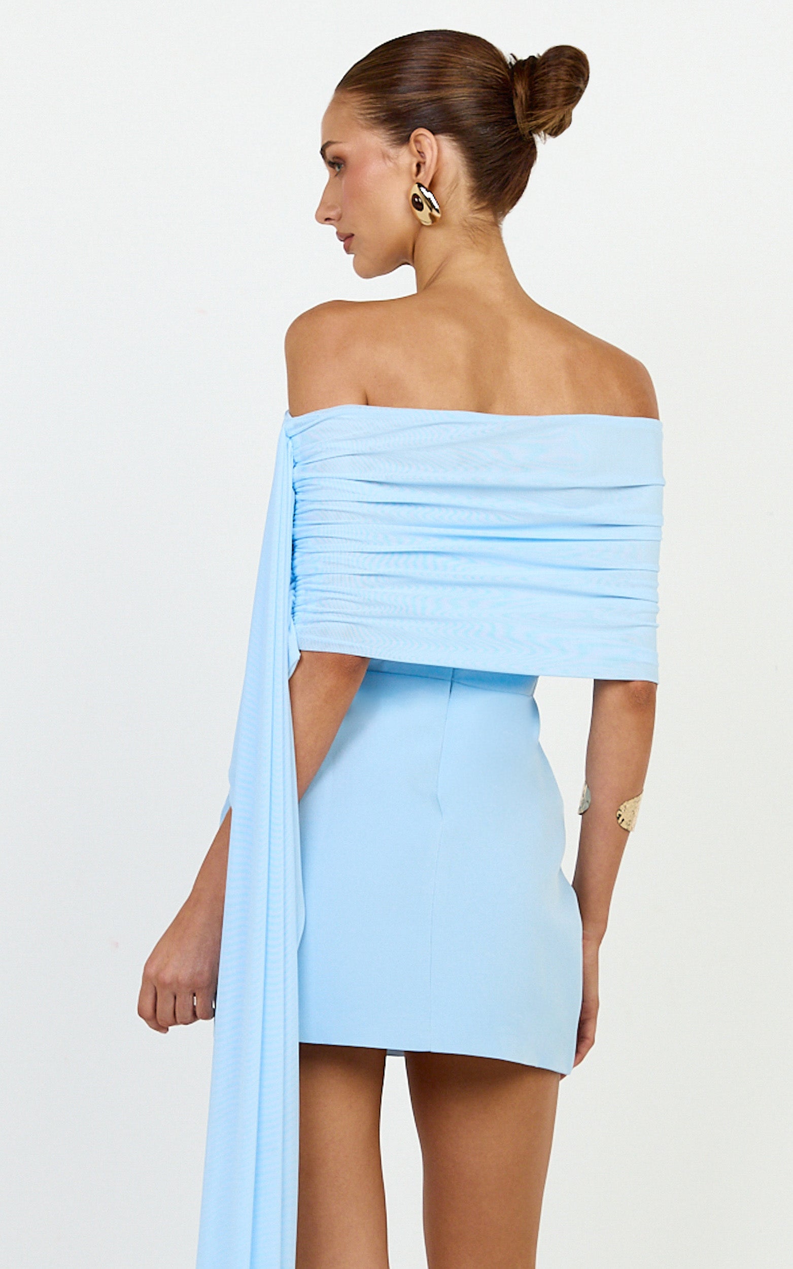 Elina Mini Dress - Off Shoulder Contrast Mesh Draped Overlay Dress in Blue
