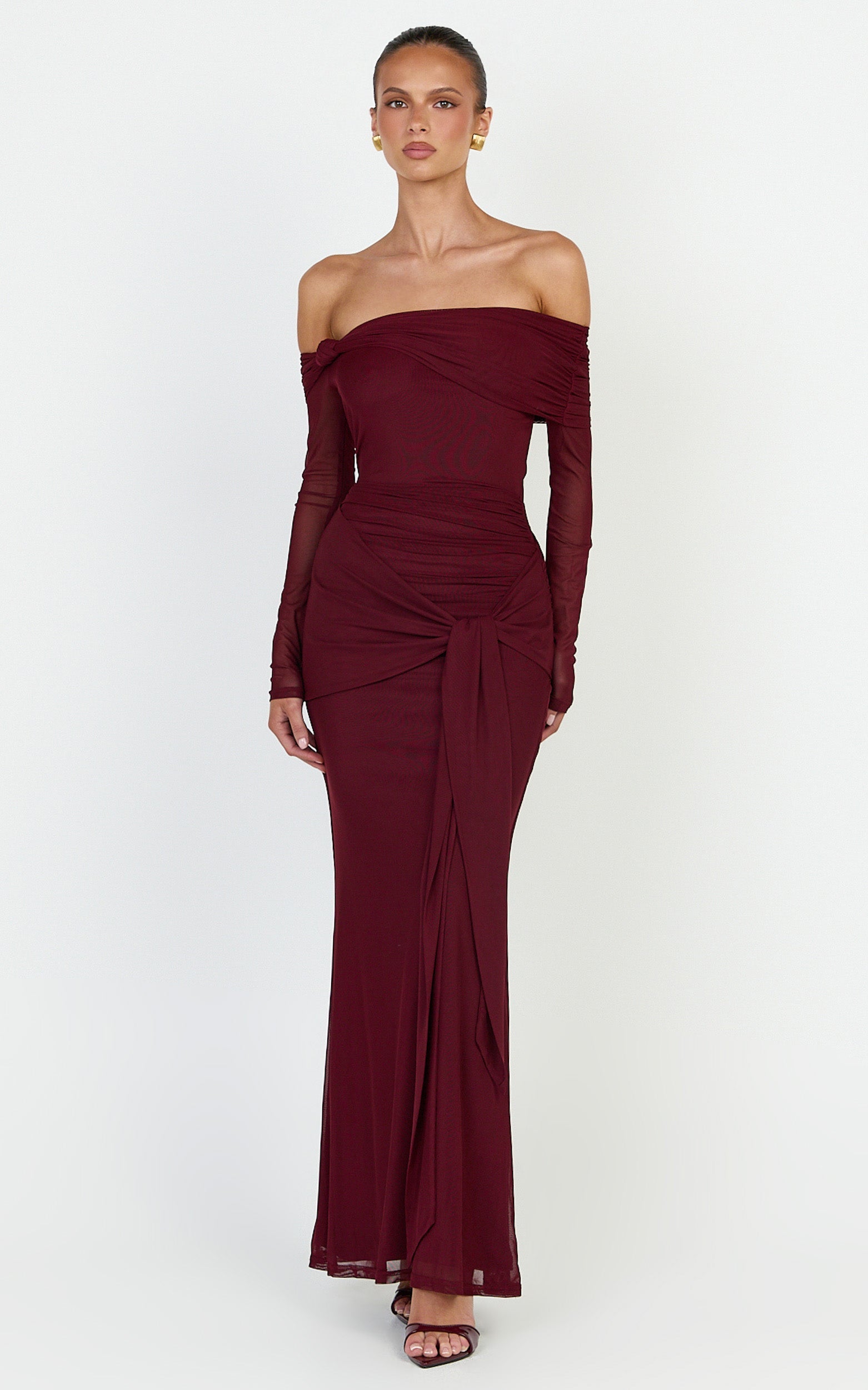 Waverly Maxi Dress - Long Sleeve Off Shoulder Dress in Wine