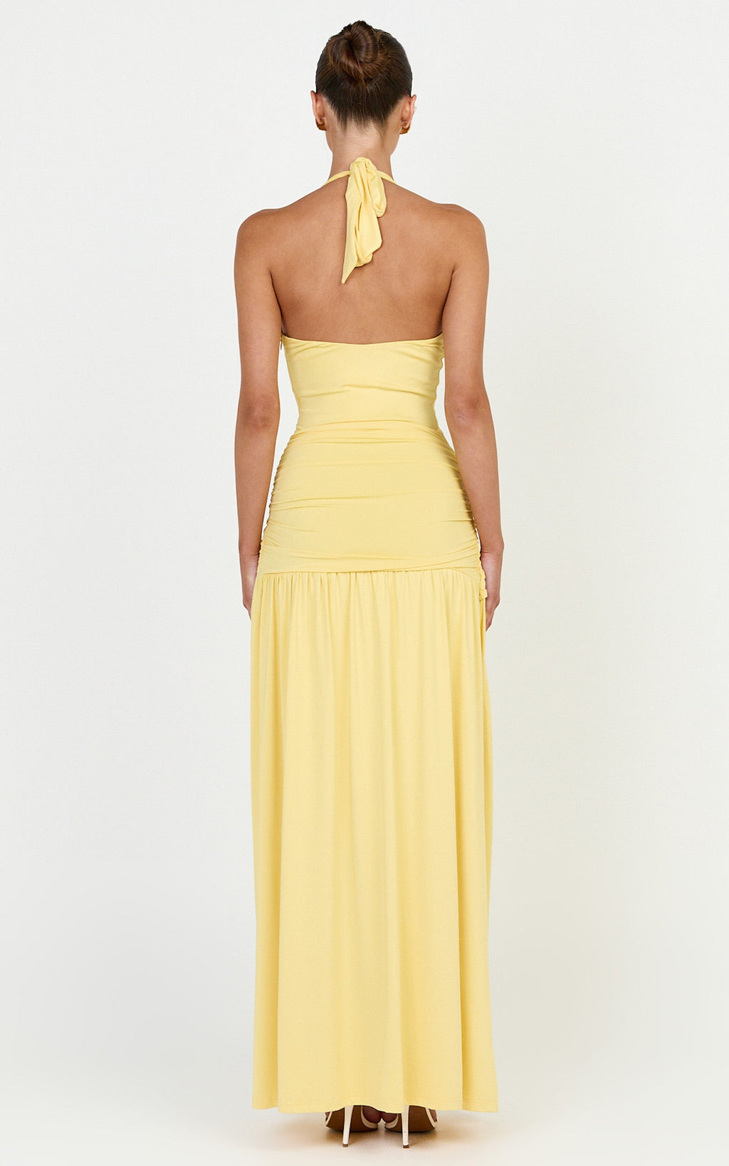 Phoenix Maxi Dress - Halter Neck Gold Trim Jersey Dress in Yellow