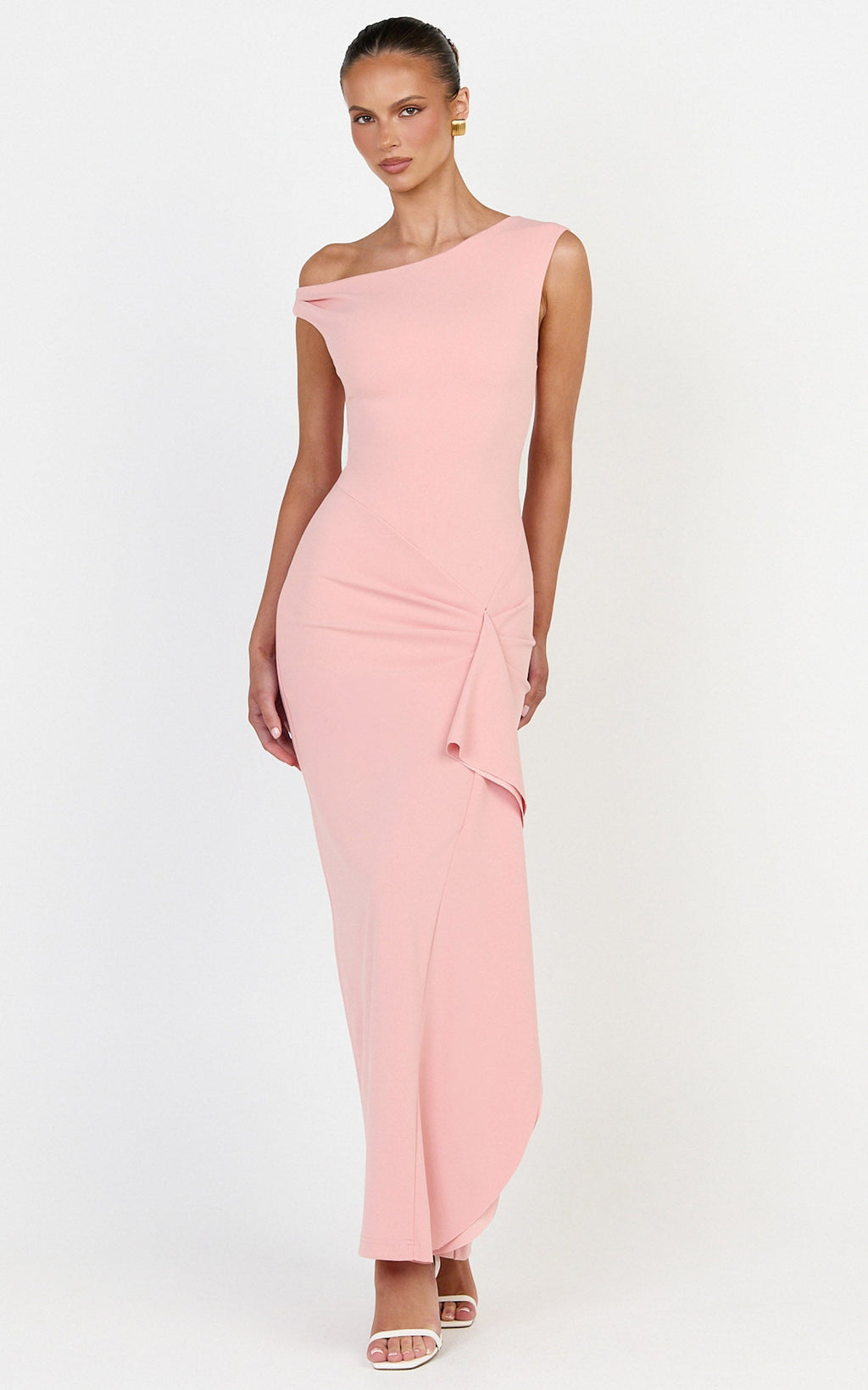 Alba Maxi Dress - Off Shoulder Waterfall Sash Dress in Pink