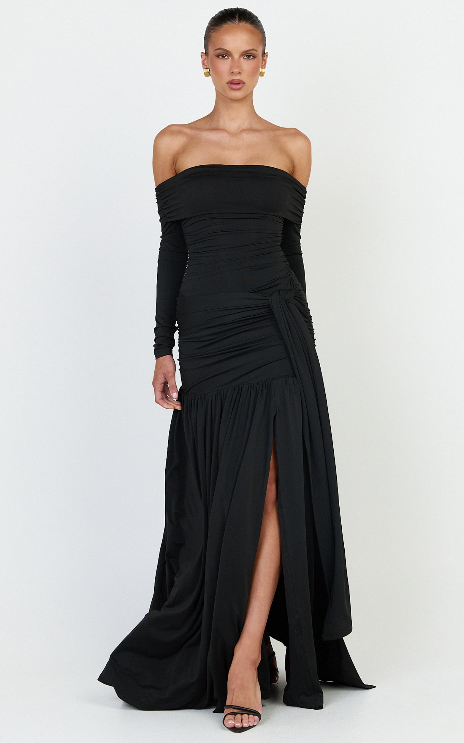 Amaya Maxi Dress - Off Shoulder Draped Long Sleeve Dress in Black