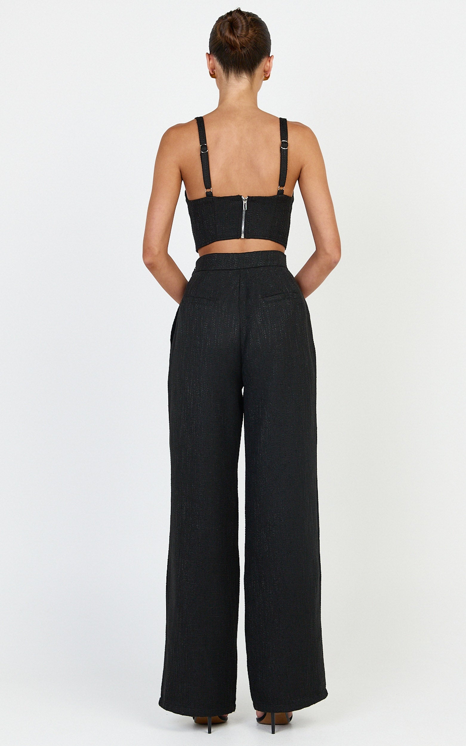 Sylvia Two Piece Set - Corset Top and High Waisted Wide Leg Pants Set in Black