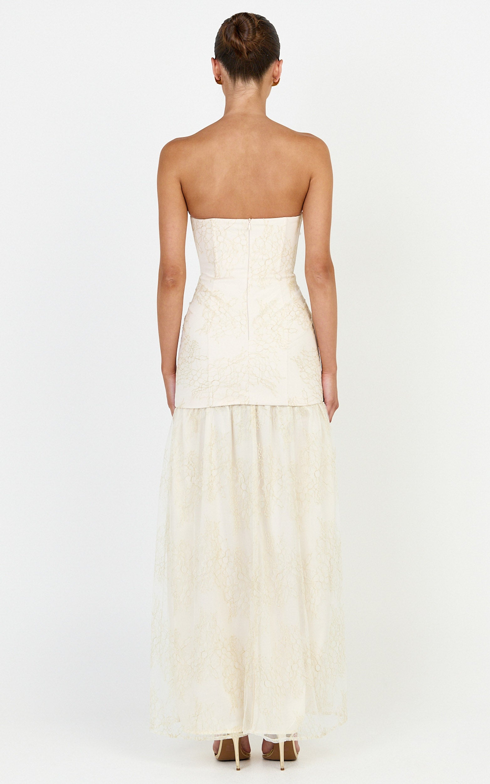Brielle Maxi Dress - Strapless Gathered Fit & Flare Lace Dress in Champagne