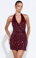 Almira Mini Dress - Sequin Halter Wrap Dress in Wine