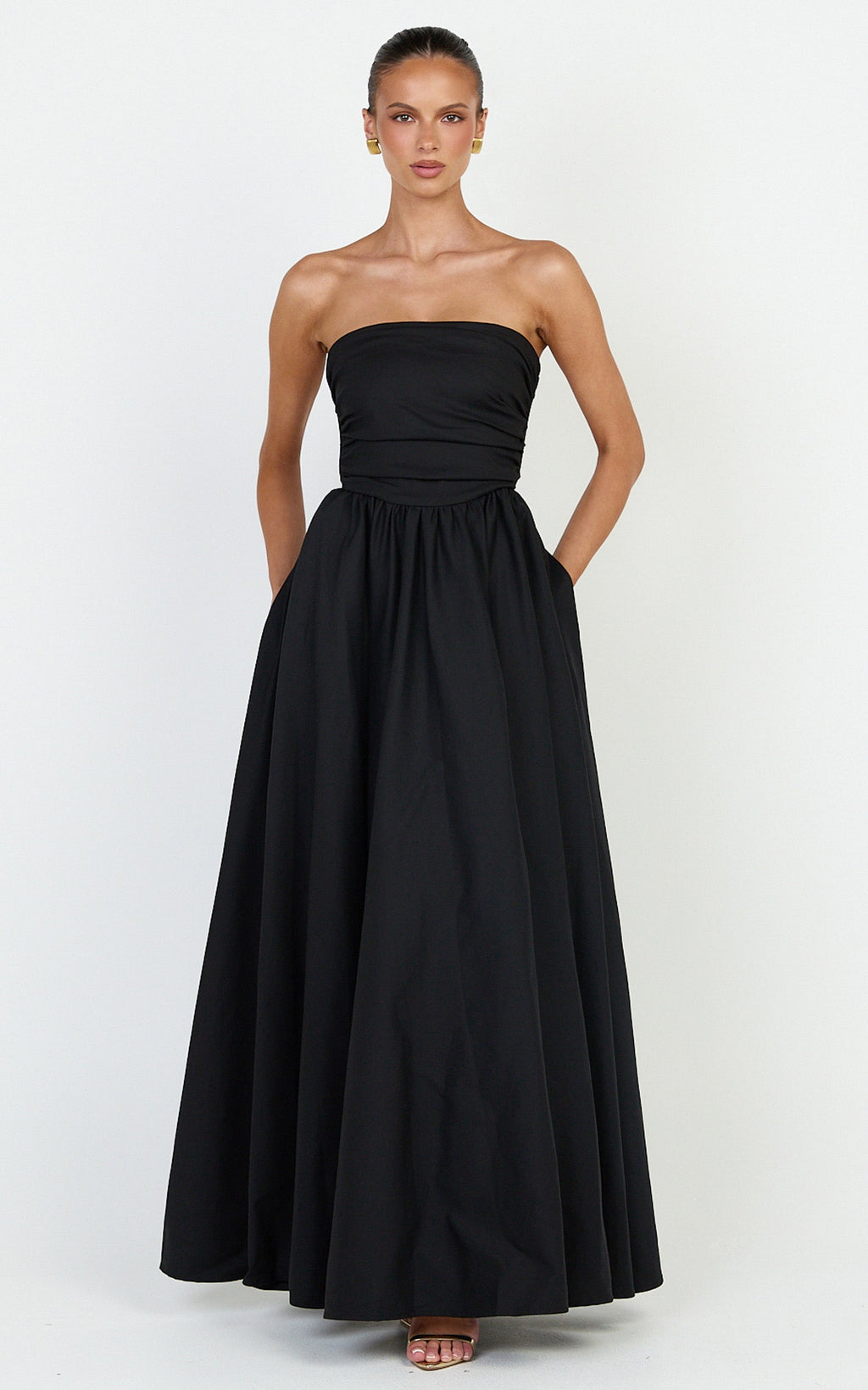 Gia Maxi Dress - Gathered Bodice Fit And Flare Dress in Black