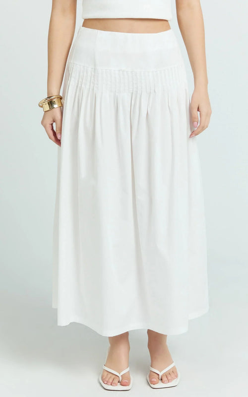 Auburn Maxi Skirt - Poplin Pintucked A Line Skirt in Ivory