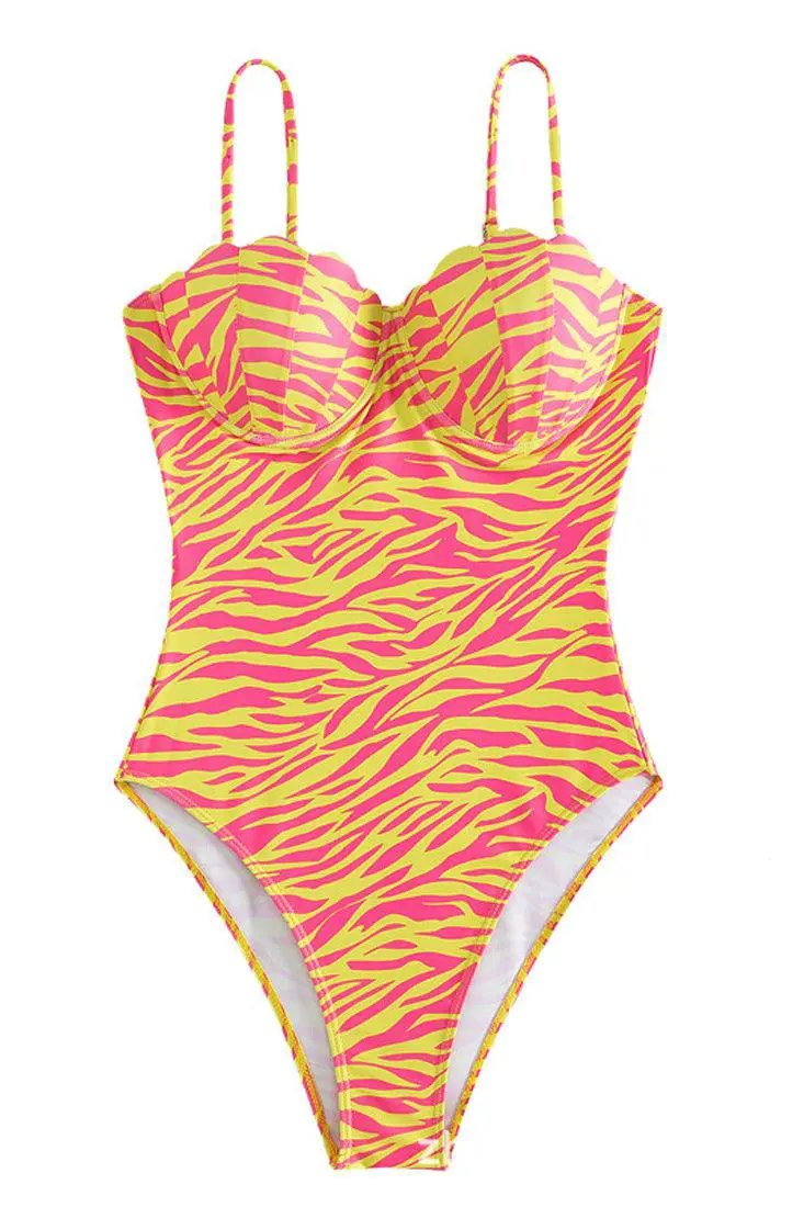 Orange Zebra Print Sea Shell Push-Up Cup Sexy 1PC Swimsuit Monokini