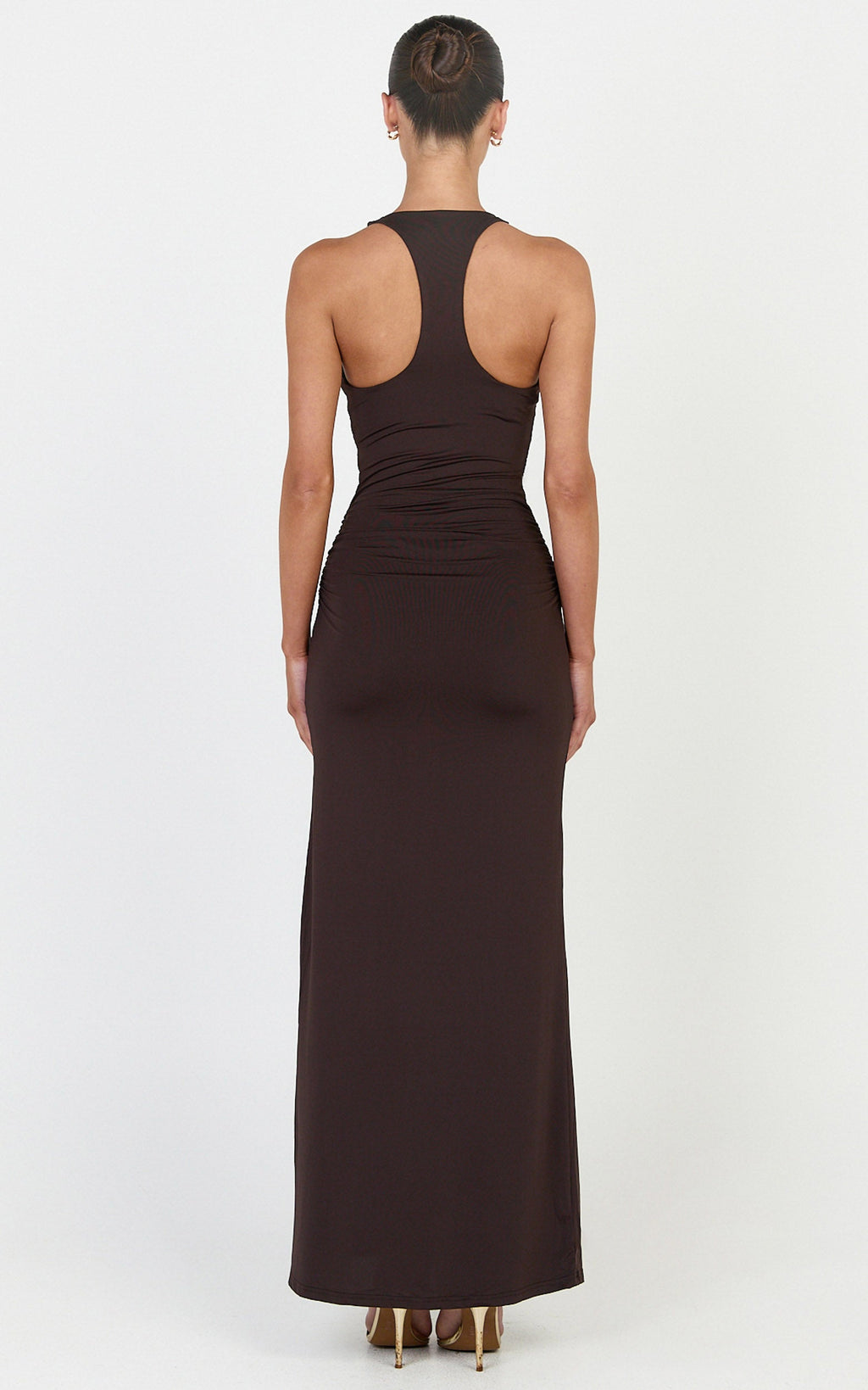 Sophie Maxi Dress - Plunge Neckline Ruched Waist Racer Back Dress in Chocolate