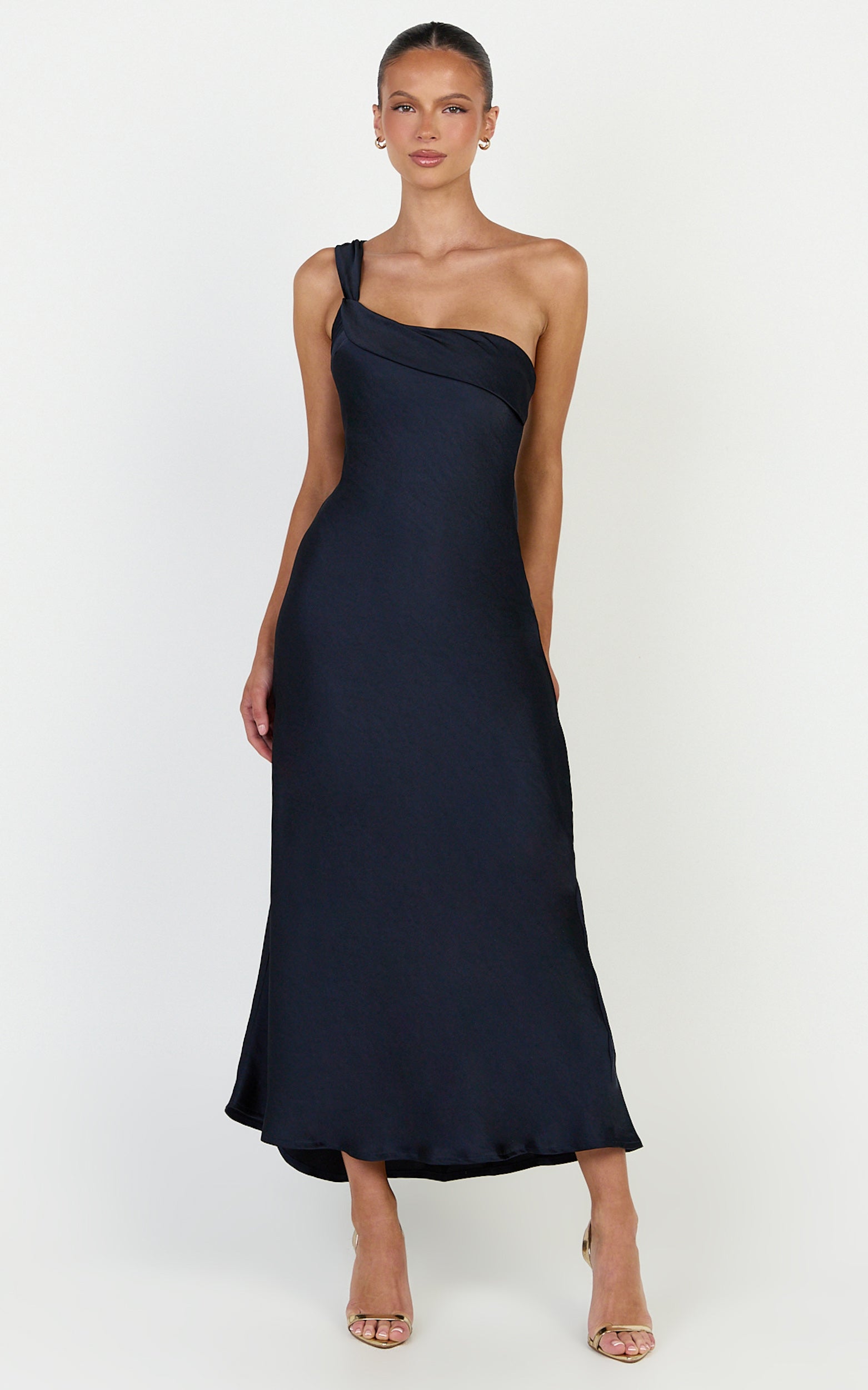 Calix Midi Dress - One Shoulder Slip Dress in Navy
