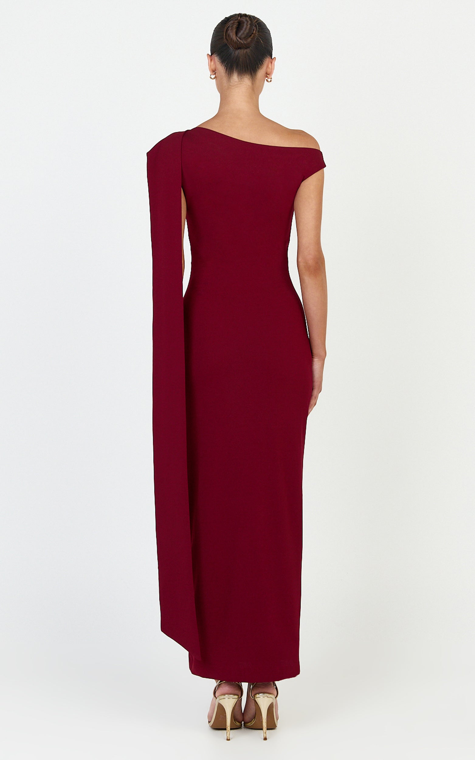 Cosette Midi Dress - Asymmetric Neckline Draped Shoulder Sash Dress in Wine
