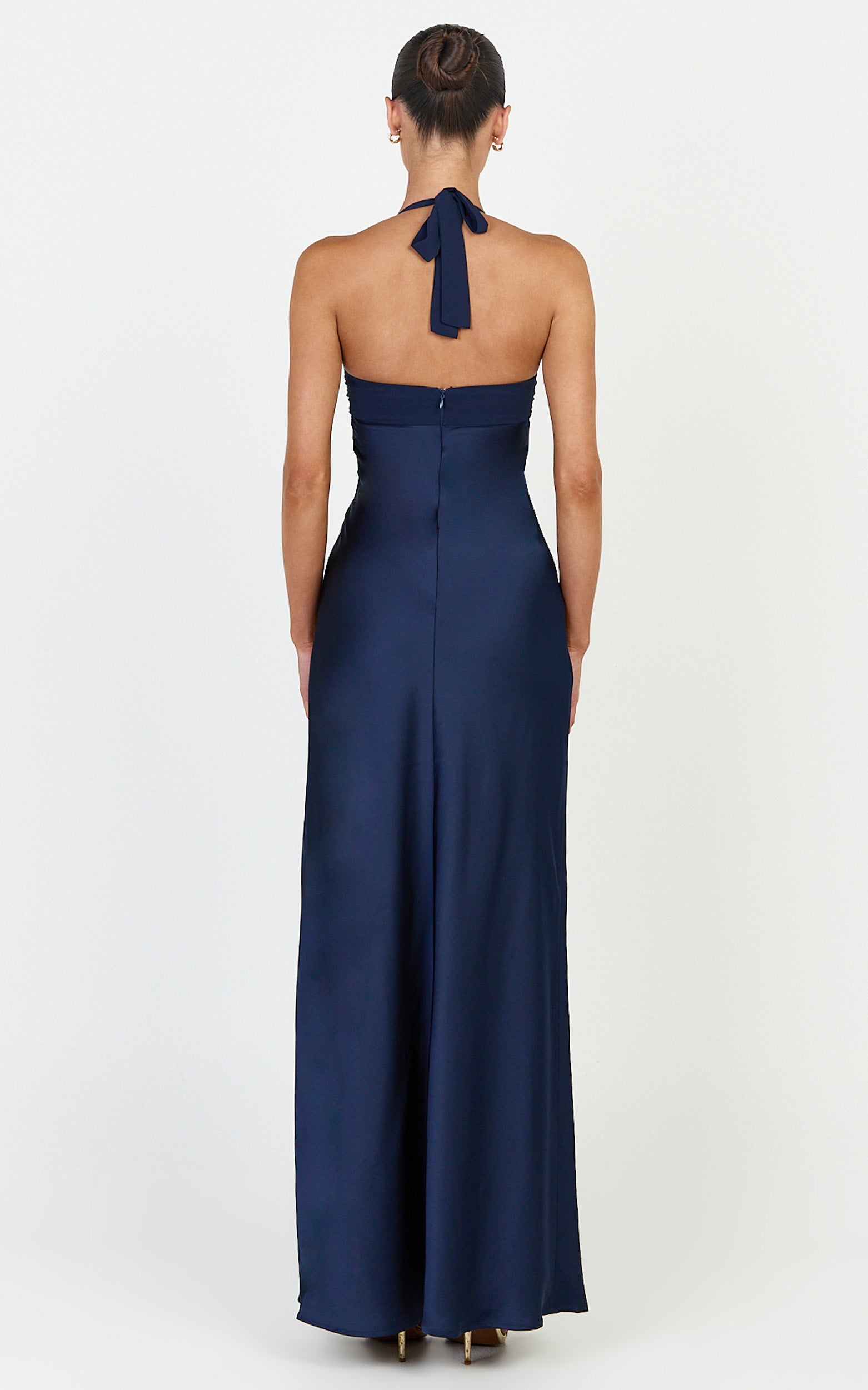 Flynn Maxi Dress - Satin Halter Sweetheart Neck Dress in Navy