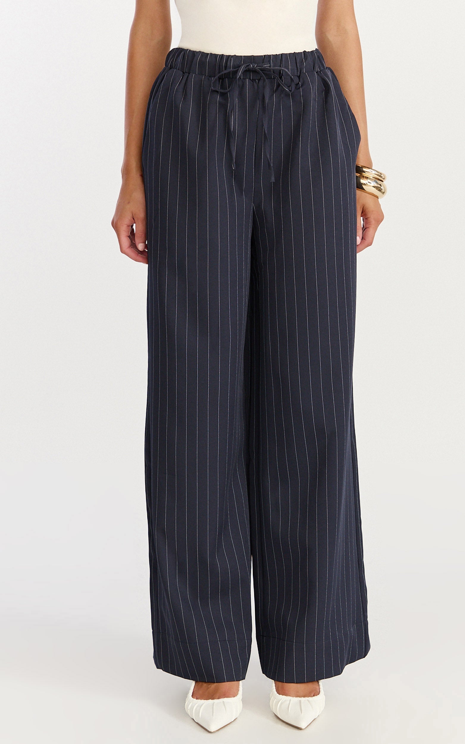 Amara Pants - High Waist Wide Leg Stripe Pants in Navy