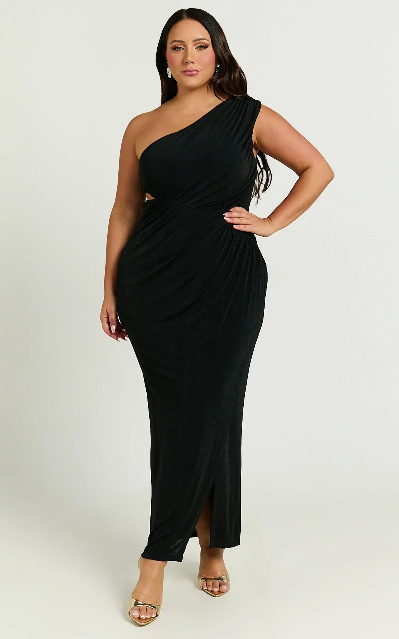 Cristle Midi Dress - One Shoulder Side Cut Out Thigh Split Dress in Black