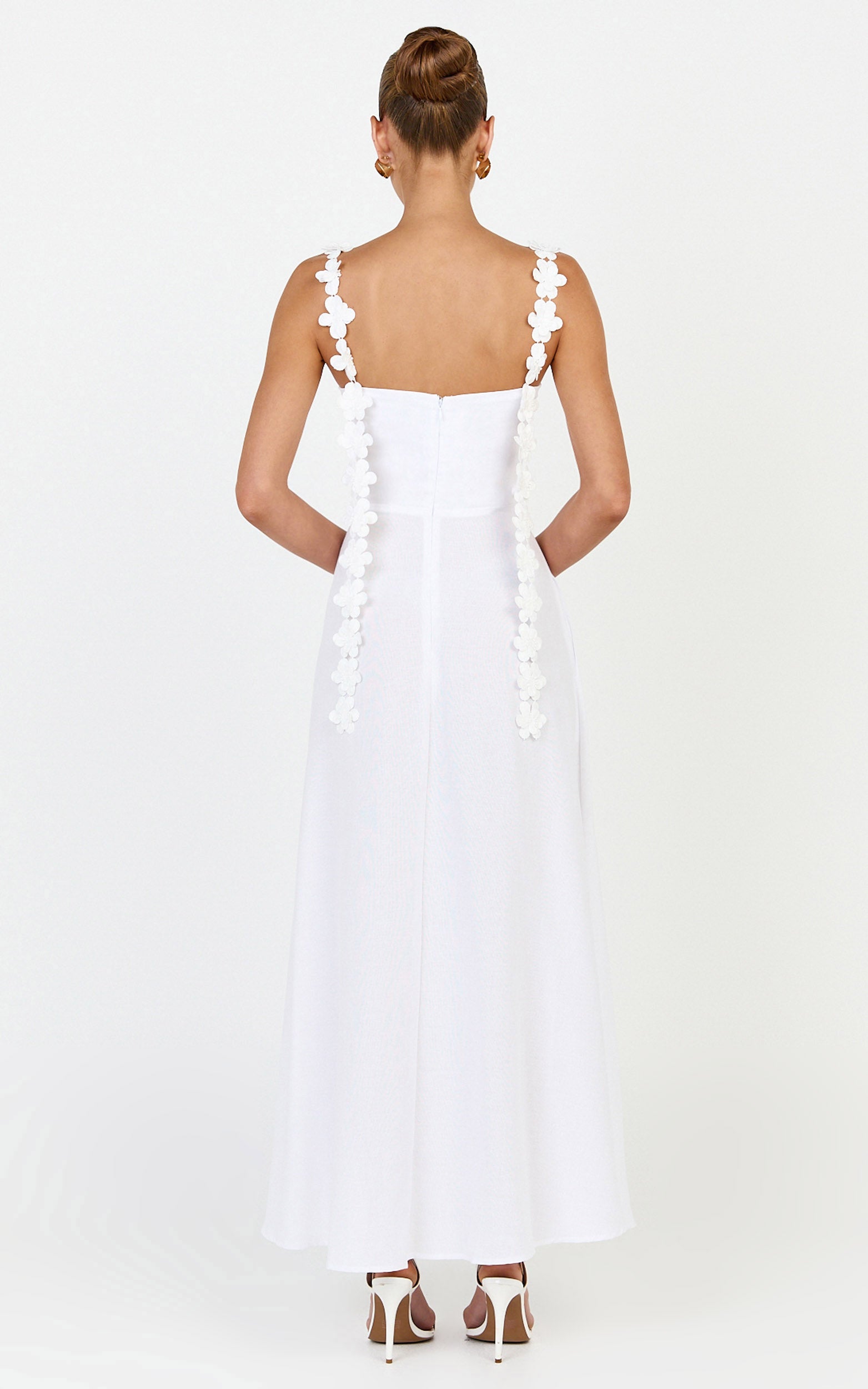 Clementine Midi Dress - 3D Floral Strap Dress in White