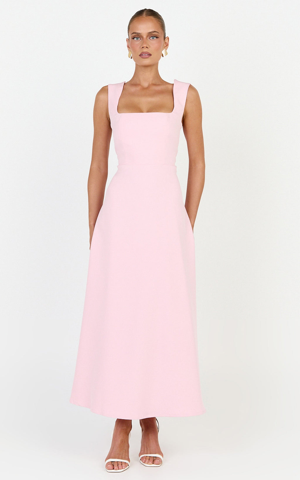 Zinnia Midi Dress - Square Neck A Line Dress in Pink