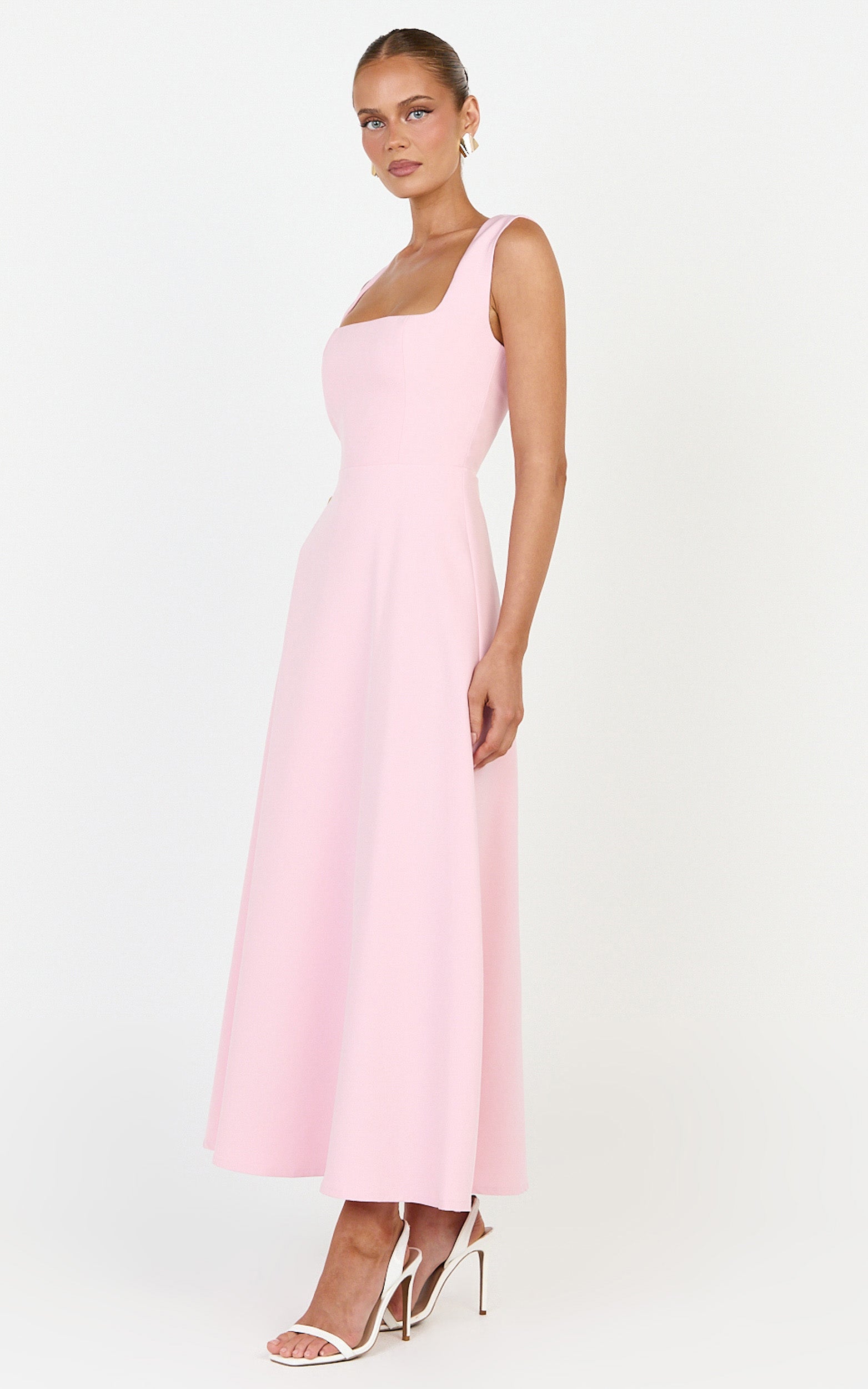 Zinnia Midi Dress - Square Neck A Line Dress in Pink