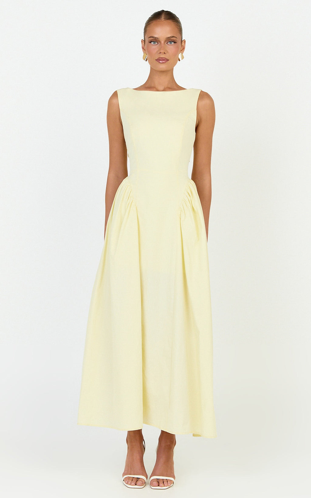 Casina Midi Dress - Boat Neck Tie Back Fit And Flare Dress in Yellow
