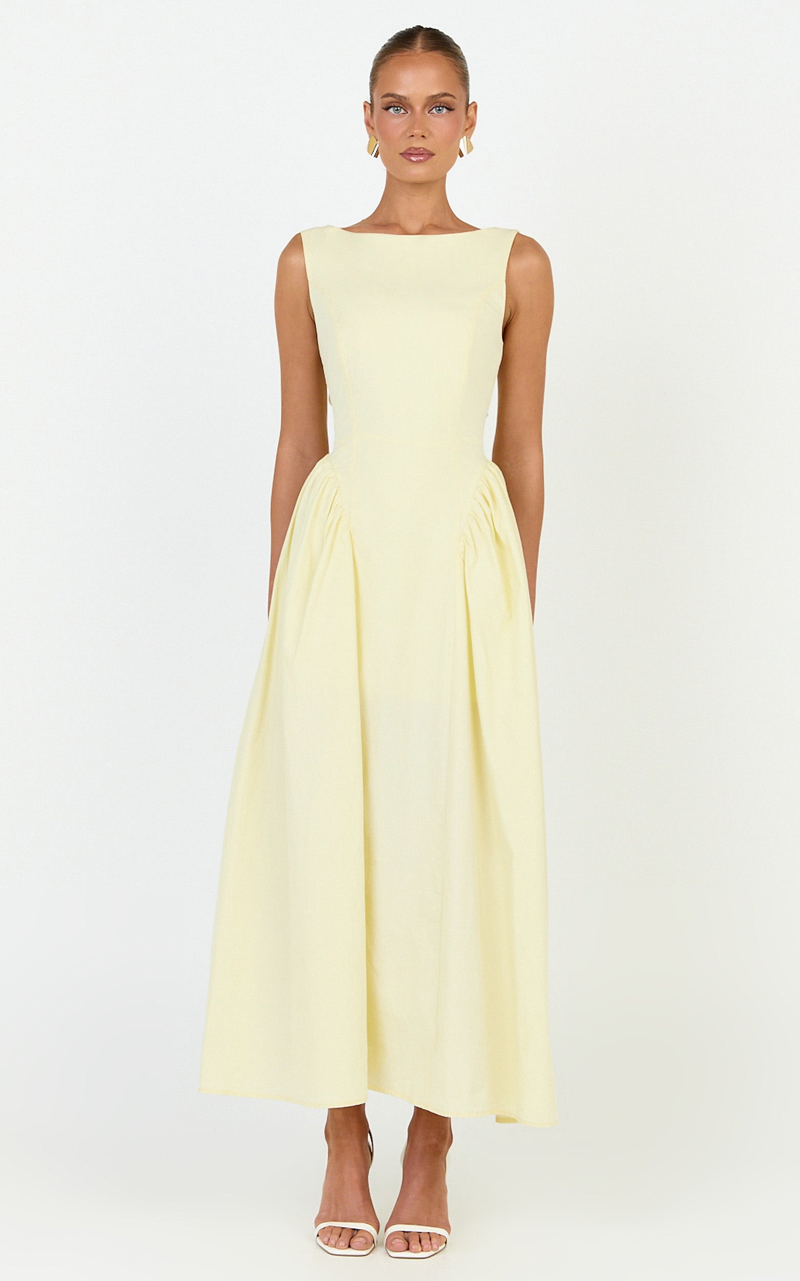 Casina Midi Dress - Boat Neck Tie Back Fit And Flare Dress in Yellow