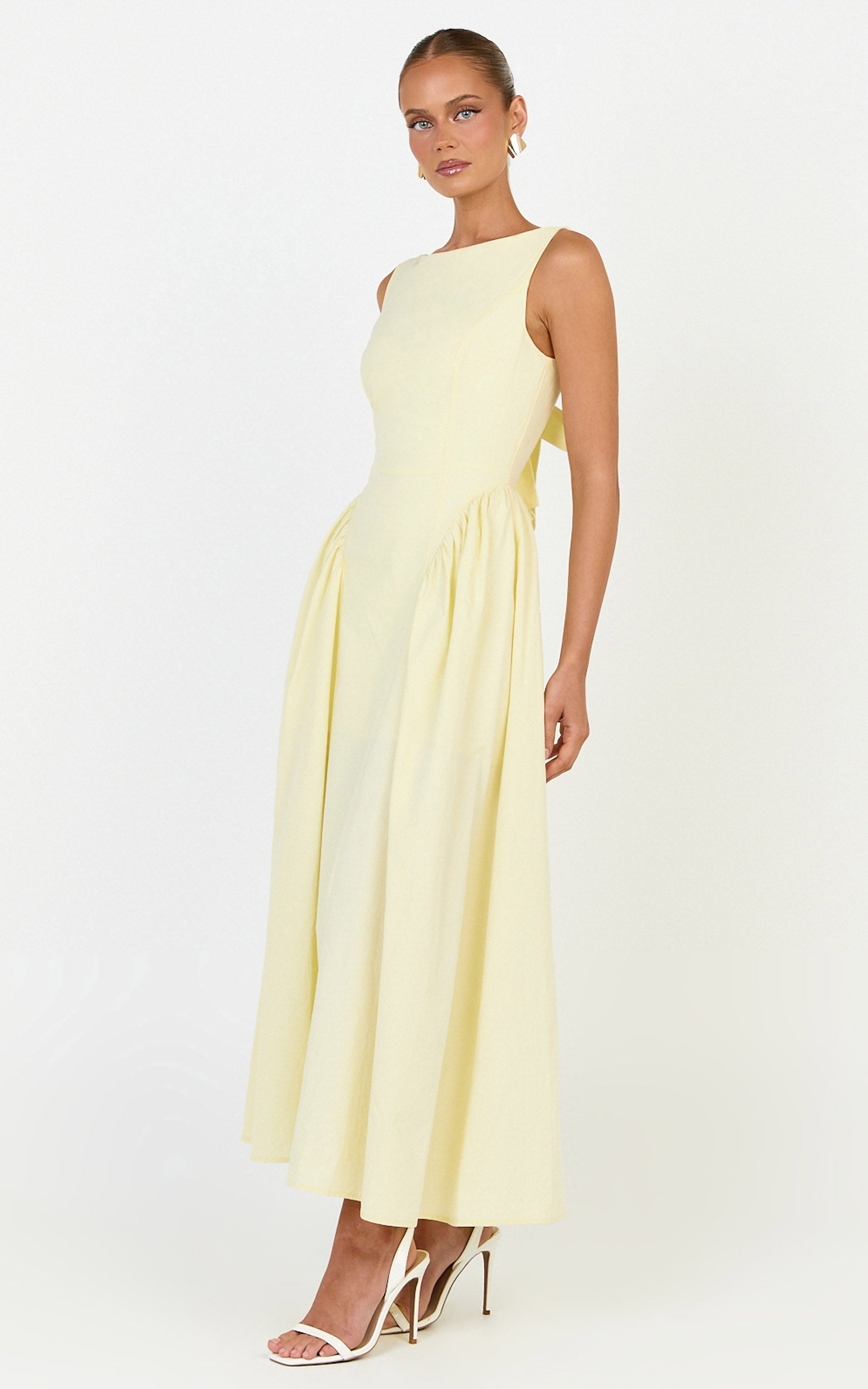 Casina Midi Dress - Boat Neck Tie Back Fit And Flare Dress in Yellow