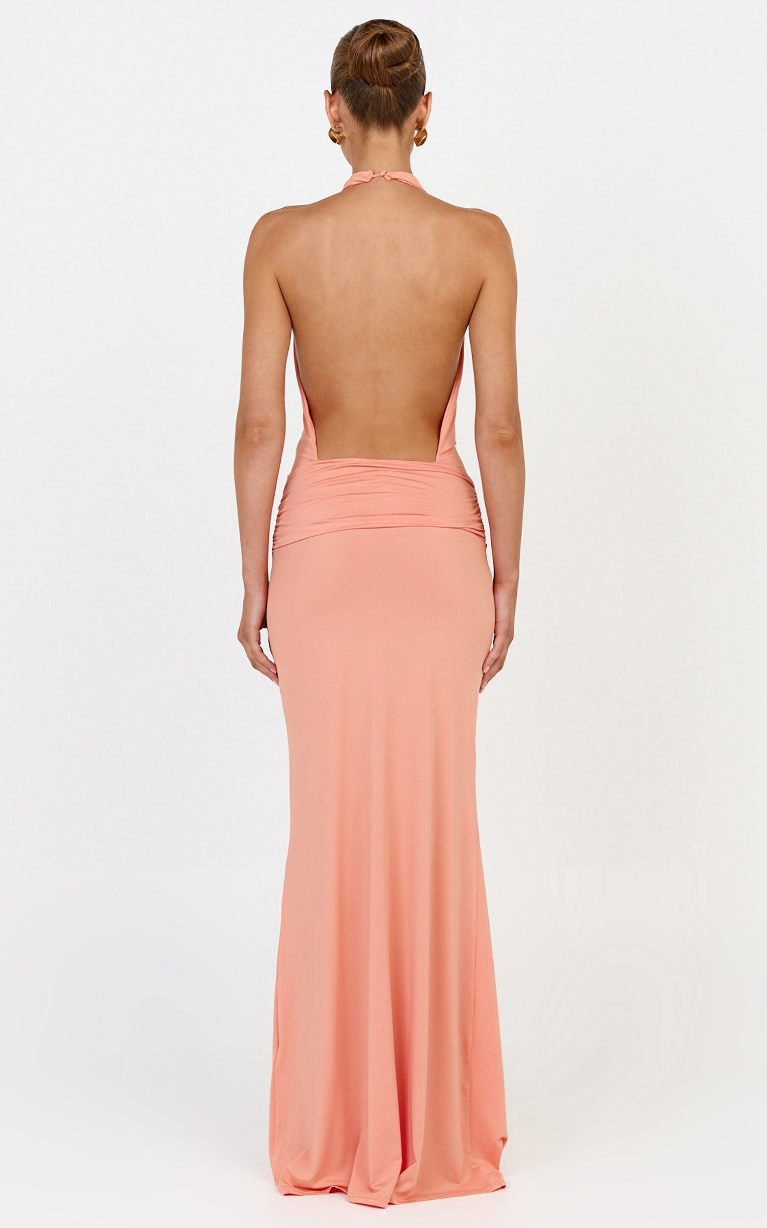 Lizzy Maxi Dress - Backless Ruched Bodycon Dress in Coral