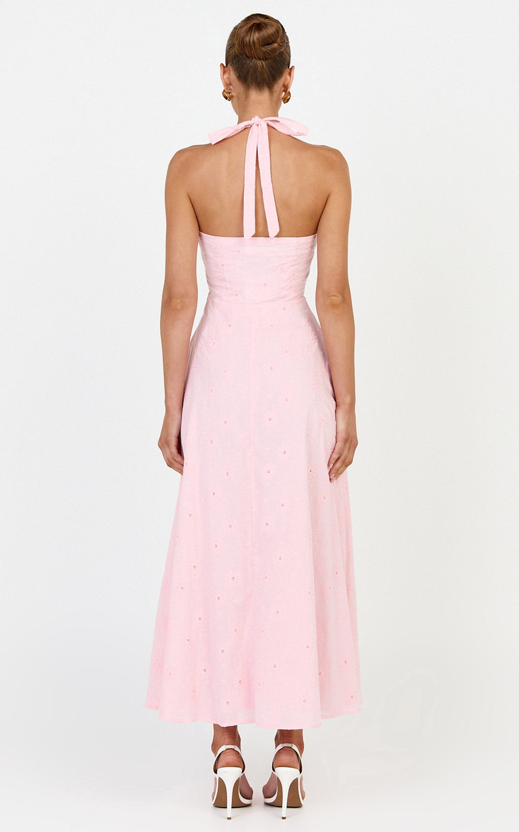 Lyra Midi Dress - Broderie Ruched Bust Halter Neck Dress in Pink