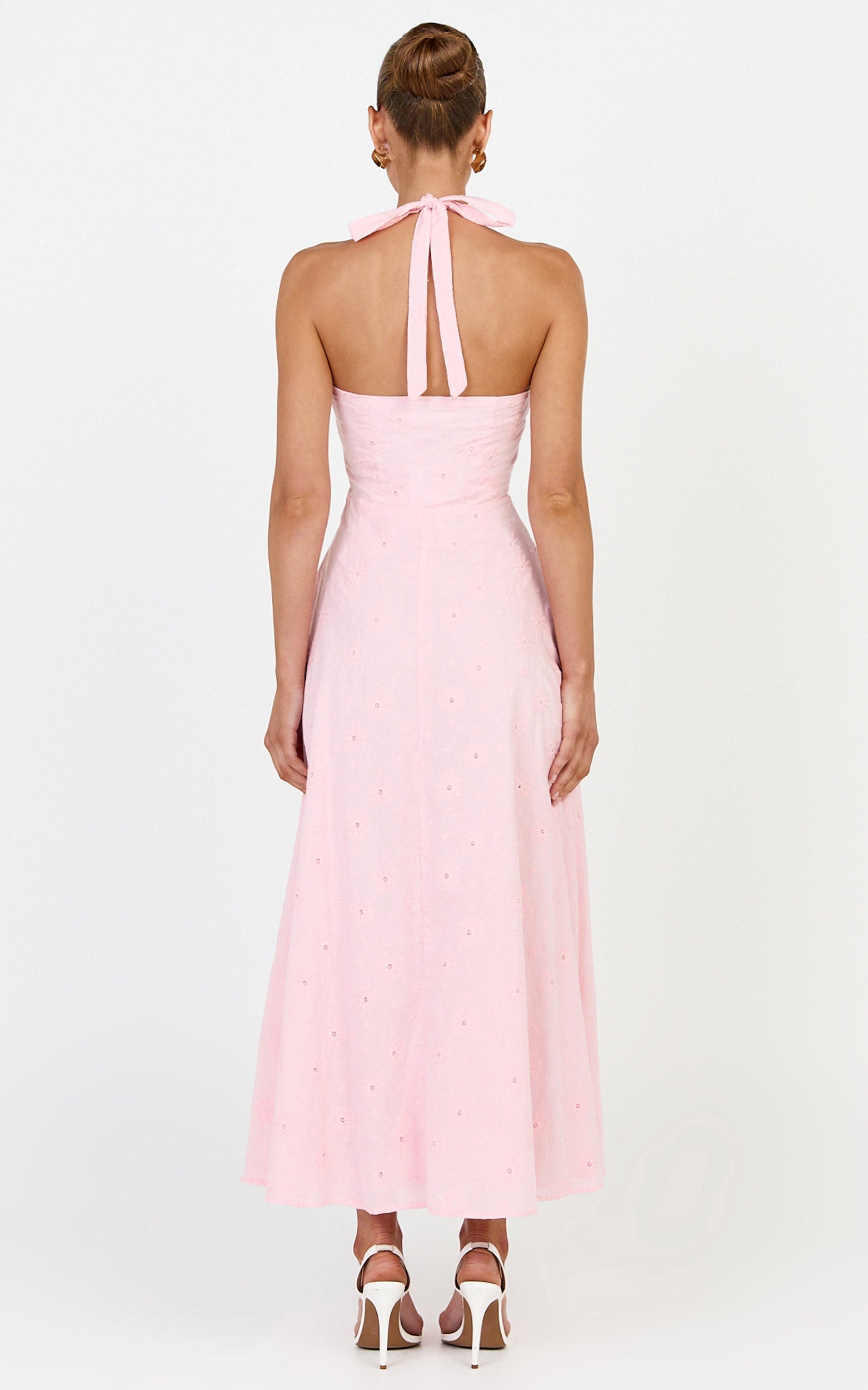 Lyra Midi Dress - Broderie Ruched Bust Halter Neck Dress in Pink