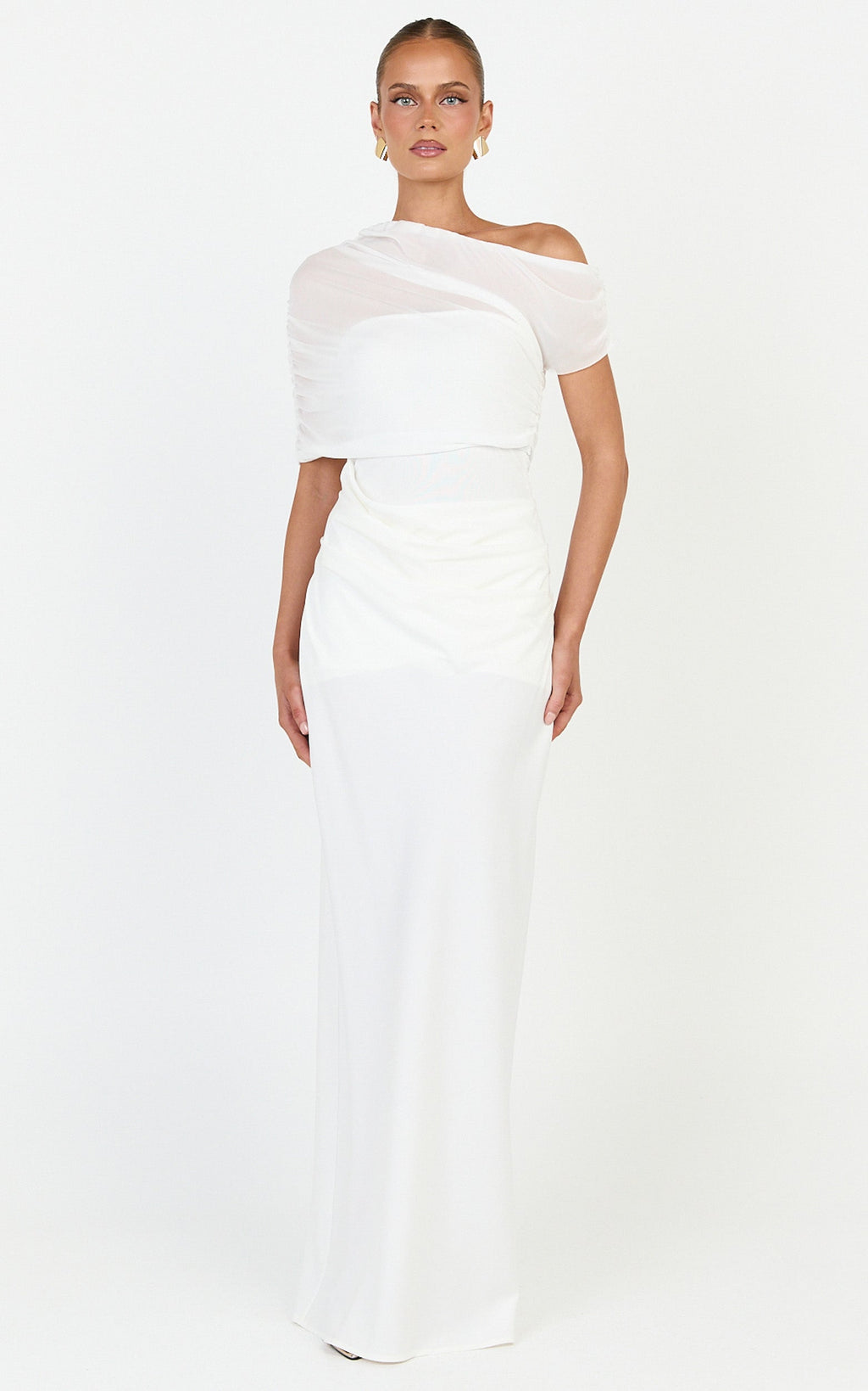 Nami Maxi Dress - Overlay Off Shoulder Draped Cowl Waist Dress in White