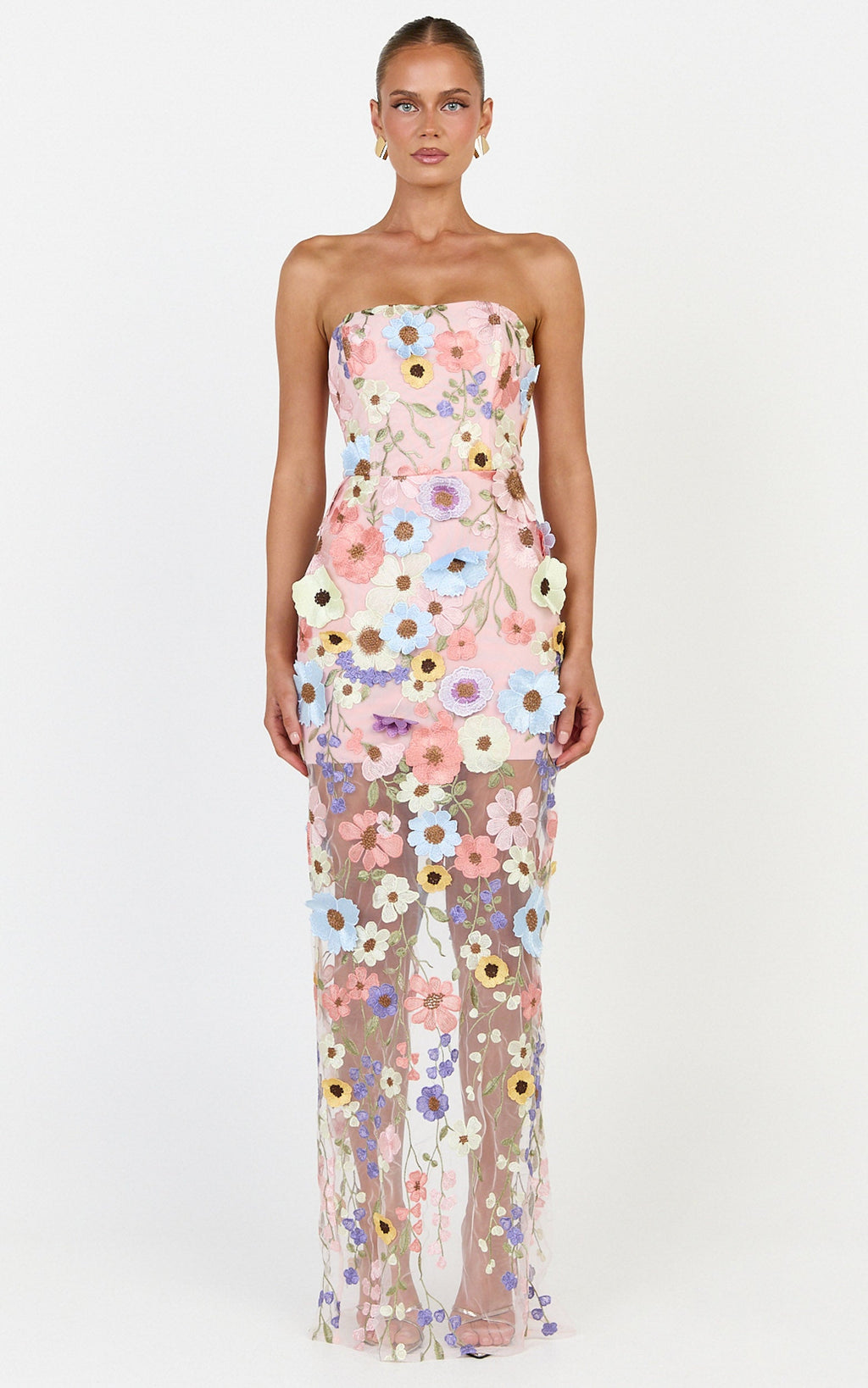Sienna Maxi Dress - 3D Floral Strapless Column Dress in Multi