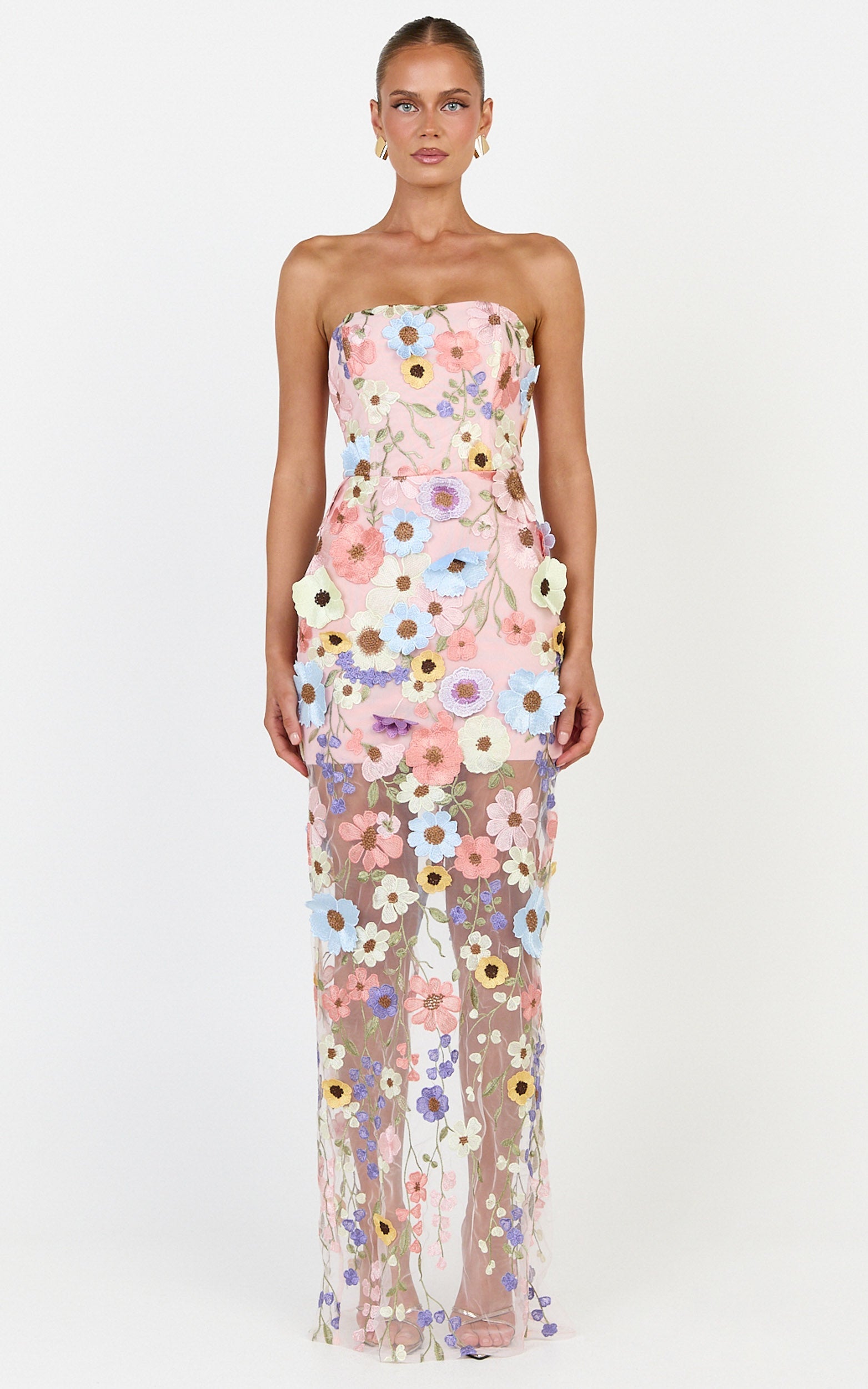 Sienna Maxi Dress - 3D Floral Strapless Column Dress in Multi