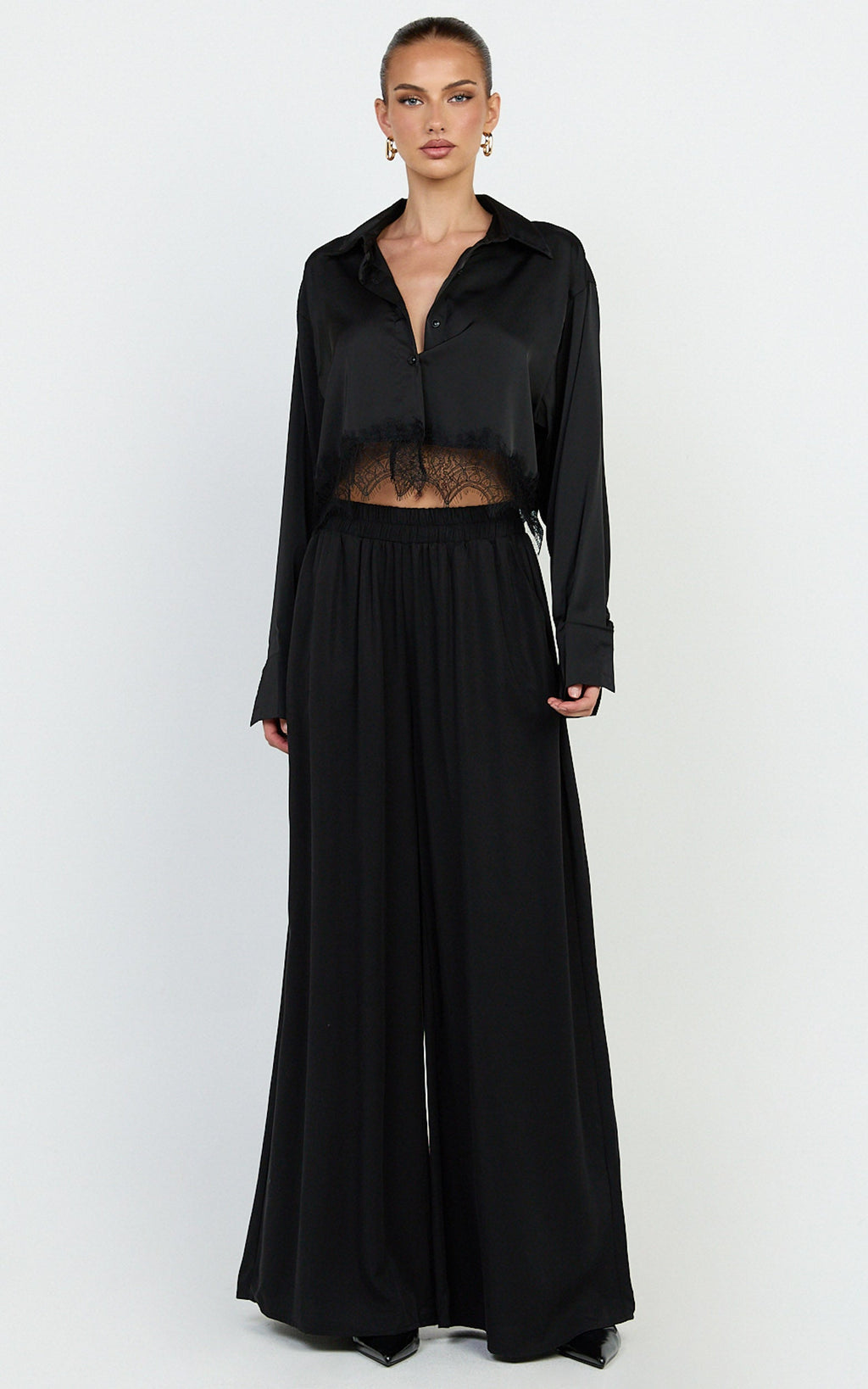 Cardi Pants - High Waist Elastic Wide Leg Pants in Black