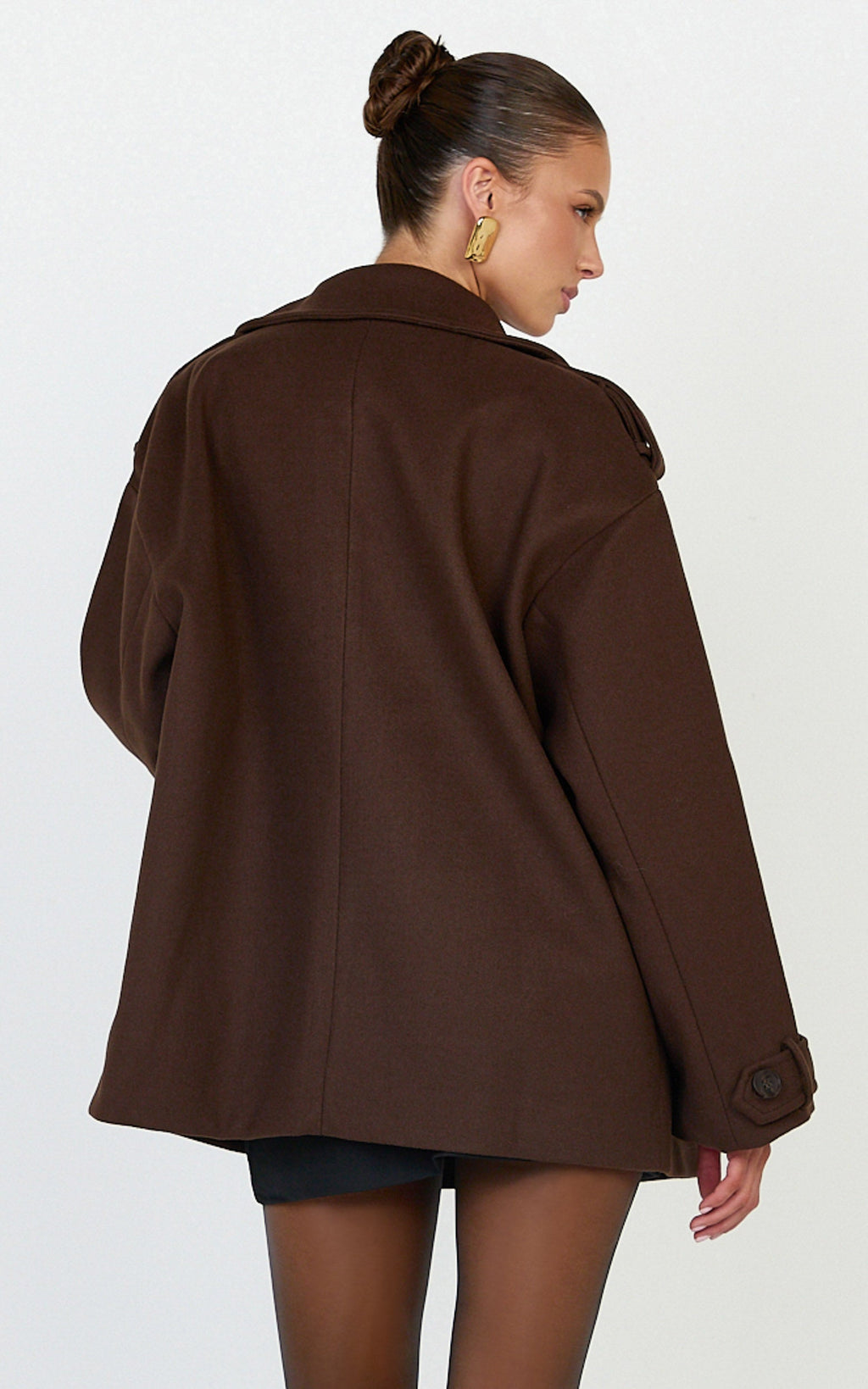 Saskia Coat - Double Breasted Short Wool Like Coat in Chocolate