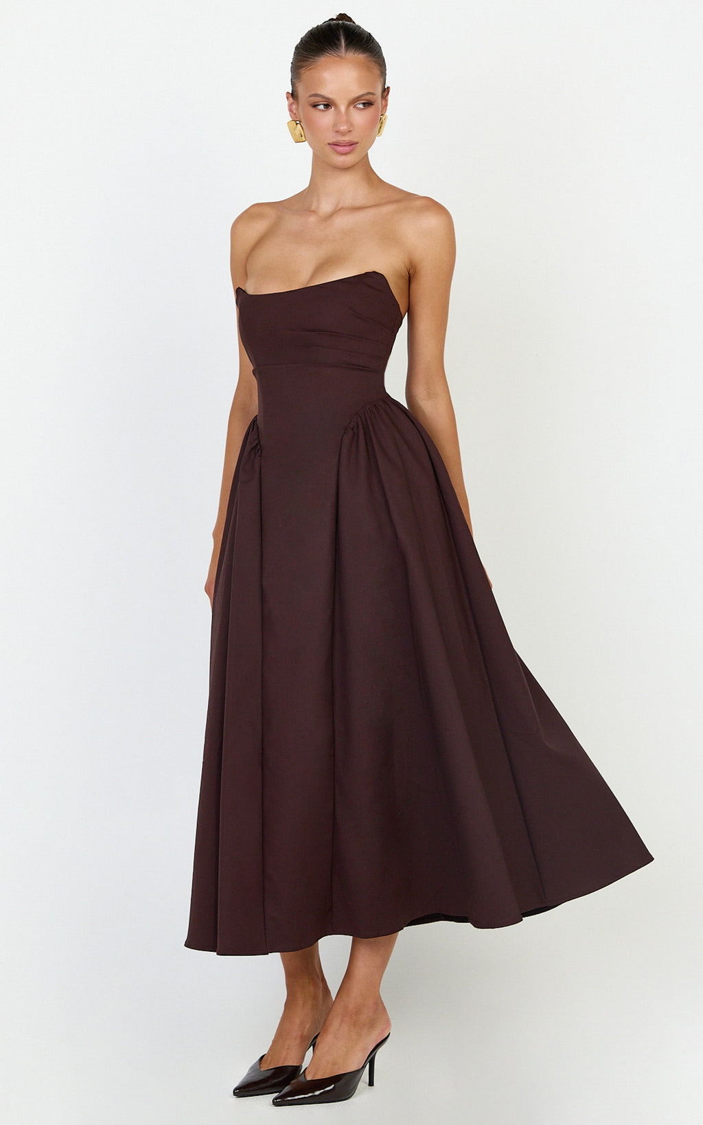 Amara Midi Dress - Strapless Fit And Flare Dress in Chocolate