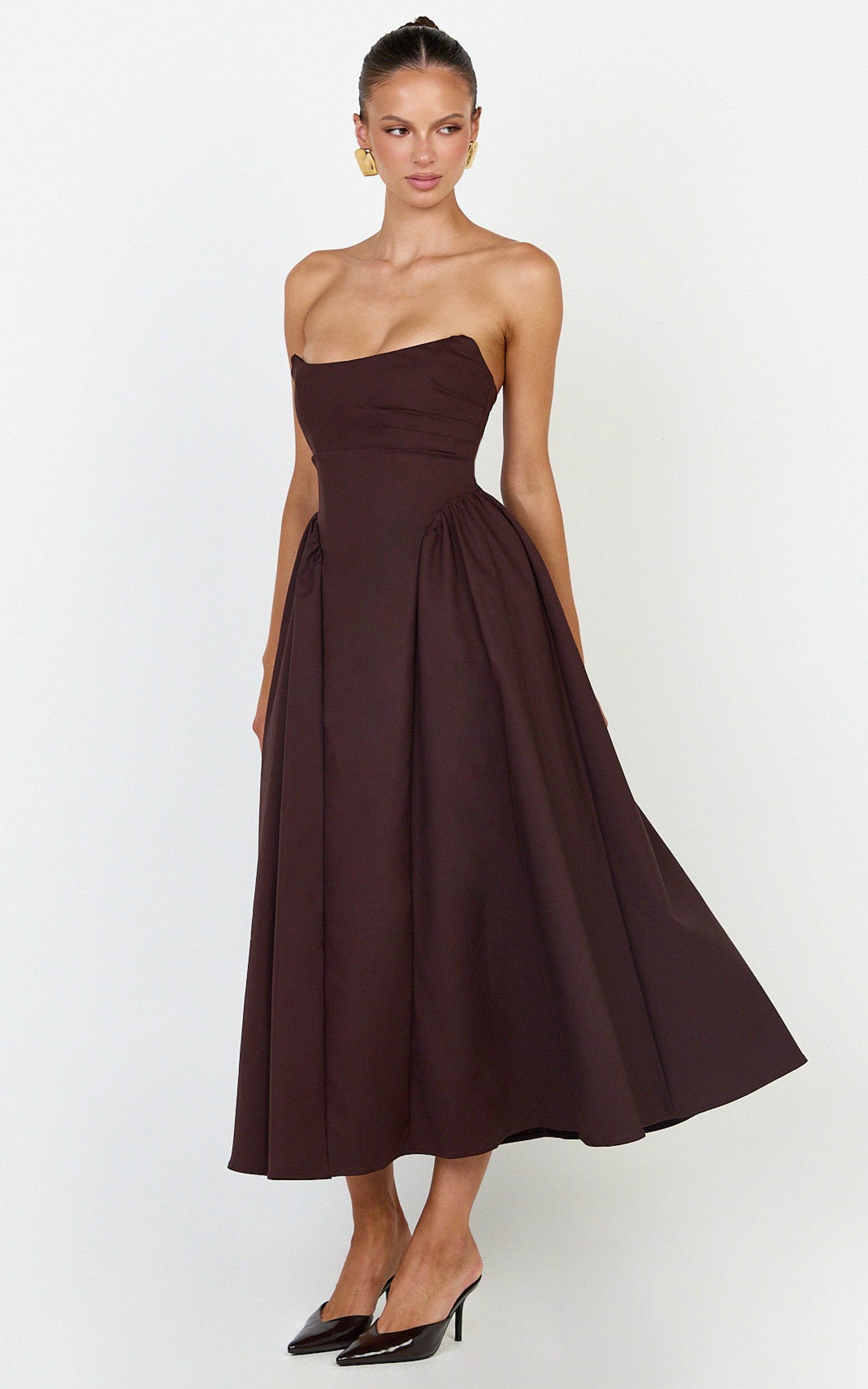 Amara Midi Dress - Strapless Fit And Flare Dress in Chocolate