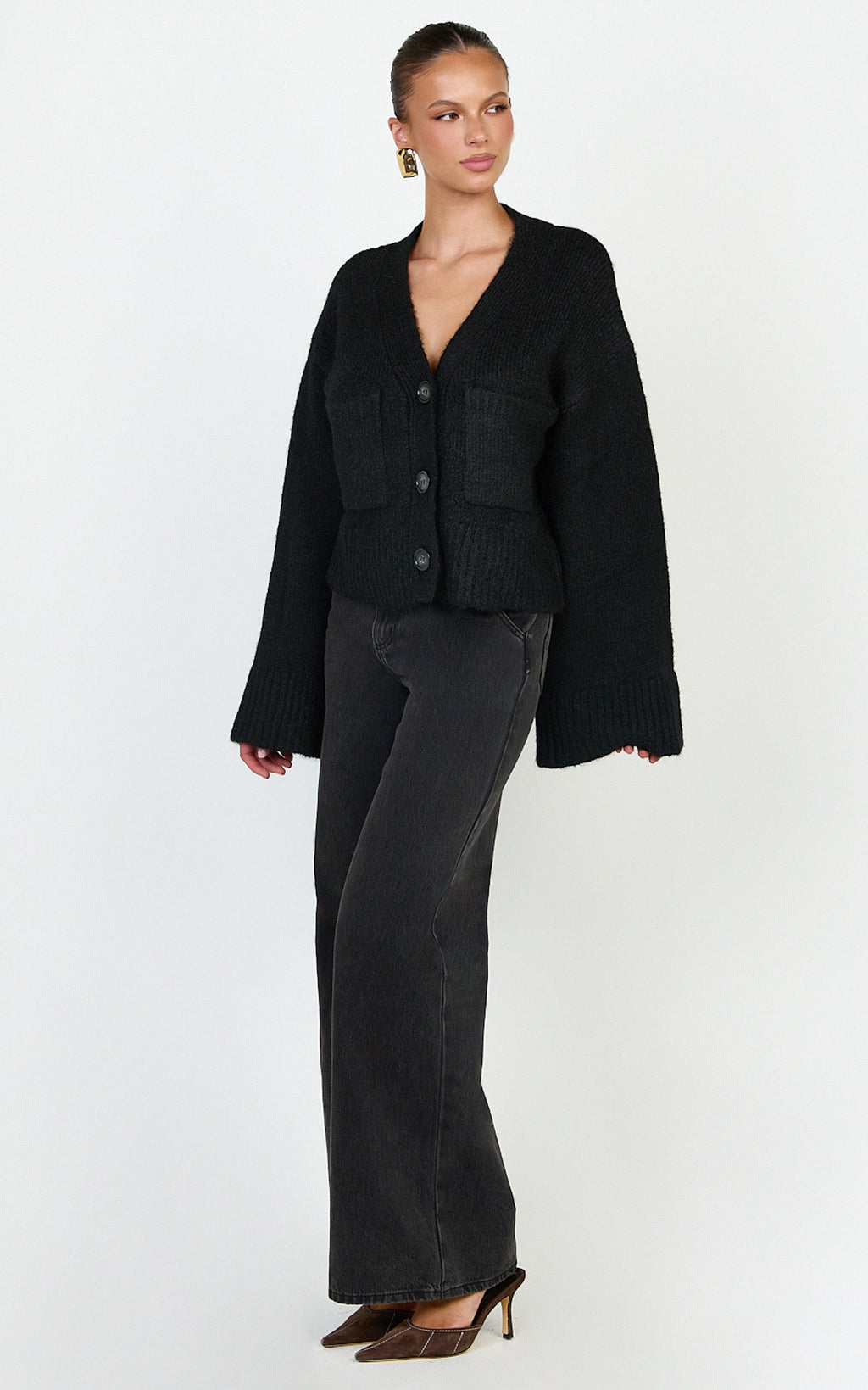 Becka Cardigan - Oversized Recycled Knitted Button Through Cardigan in Black