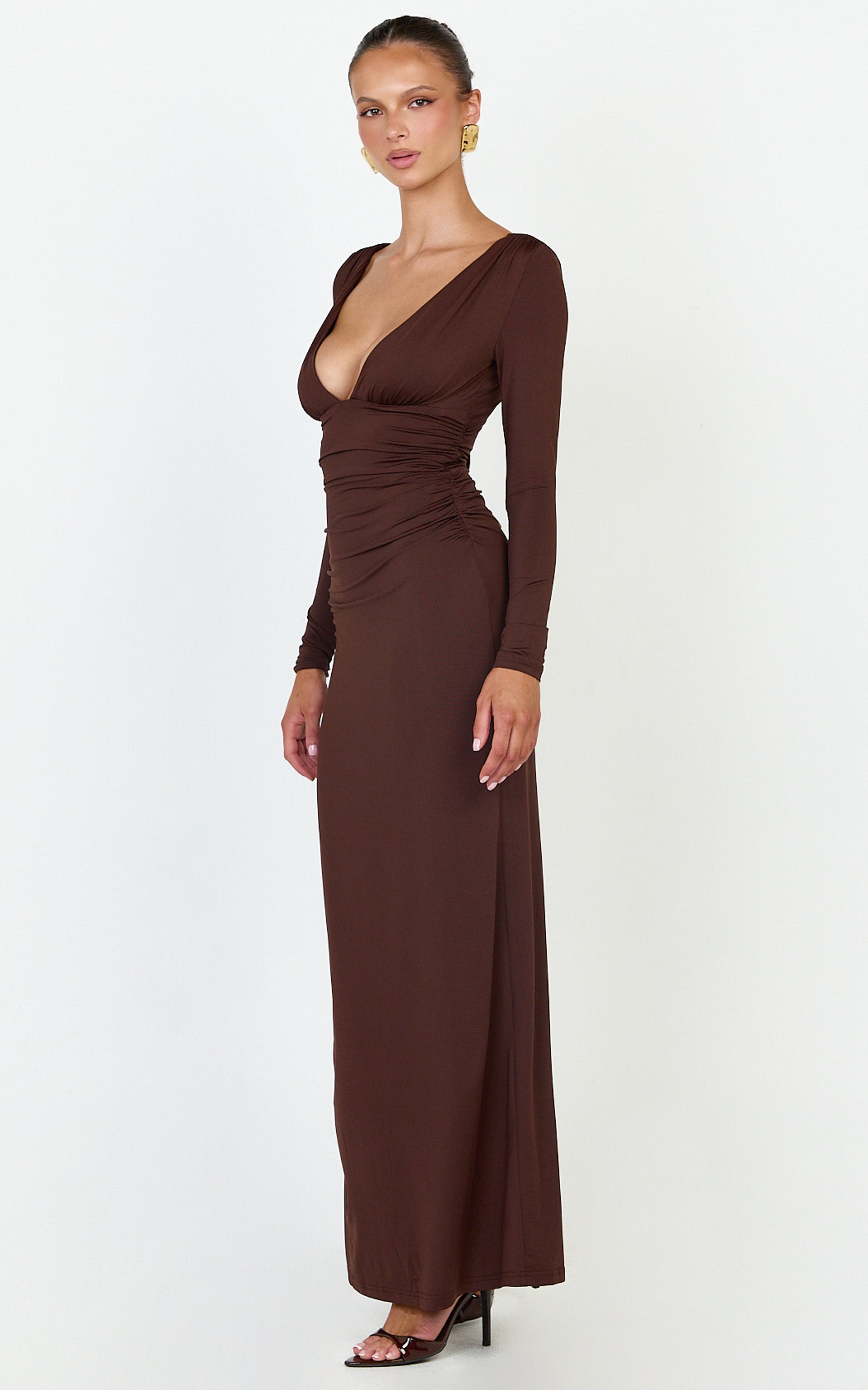 Juniper Maxi Dress - V Neckline Long Sleeve Gathered Detail Dress in Dark Chocolate