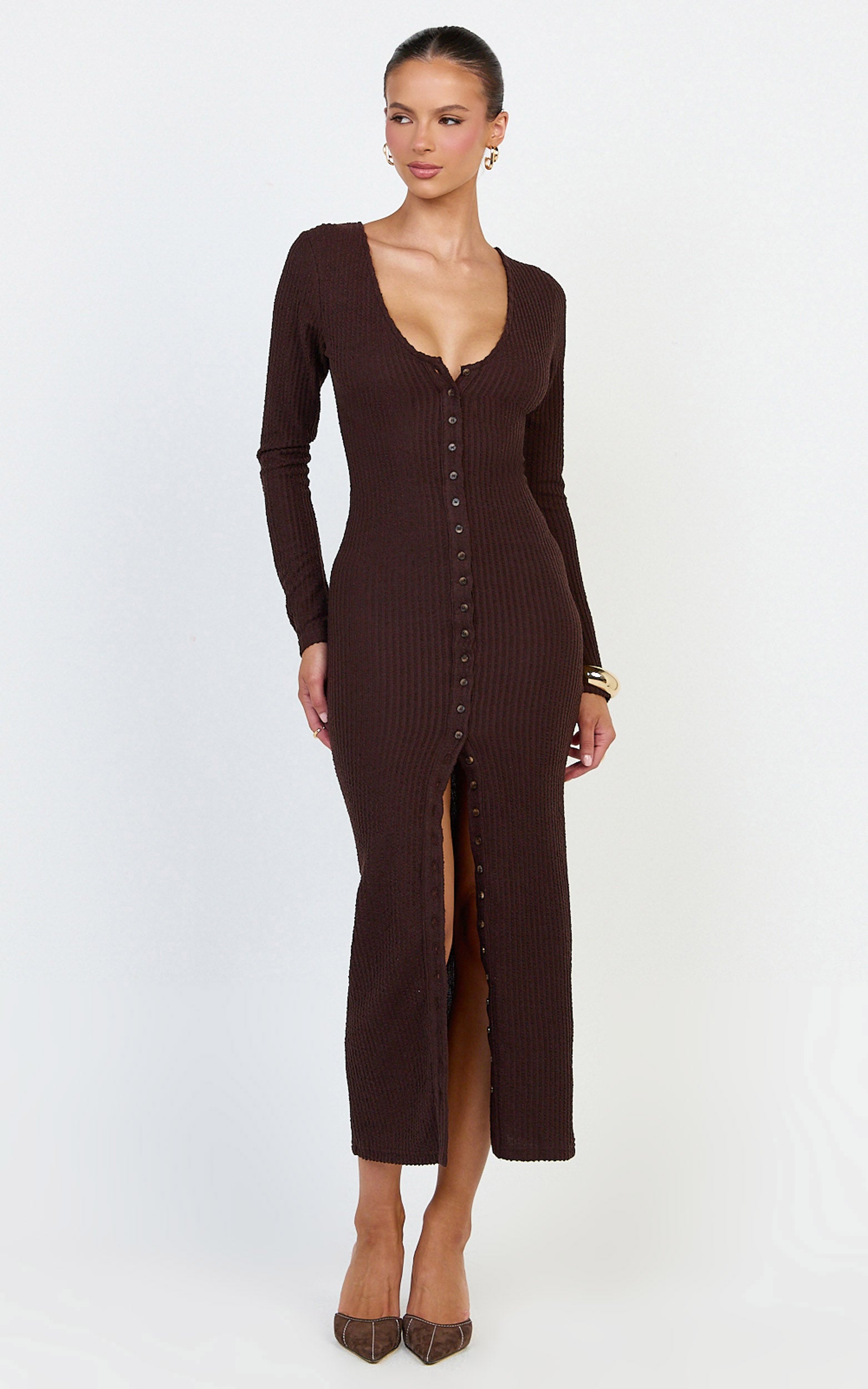Zayla Midi Dress - Long Sleeve Button Front Bodycon Dress in Chocolate