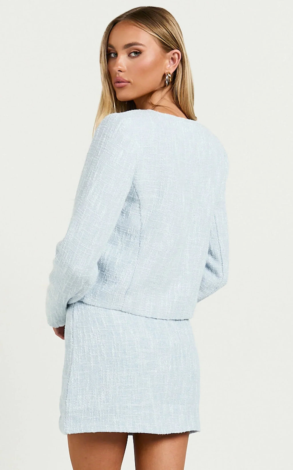 Olympia Mini Skirt - High Waisted A Line Boucle Skirt in Pale Blue