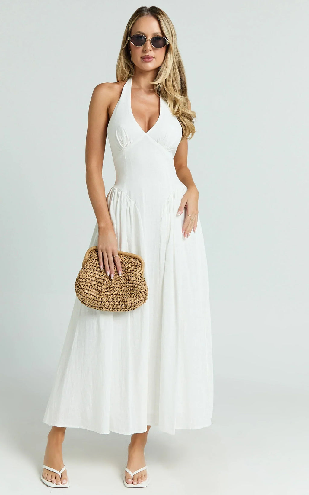 Athena Midi Dress - Halter Drop Waist Dress in White