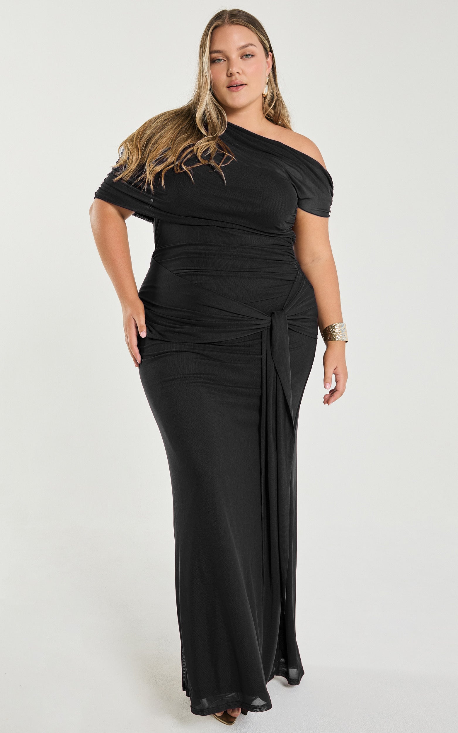 Nicolette Maxi Dress - Cape Sleeve Off Shoulder Dress in Black
