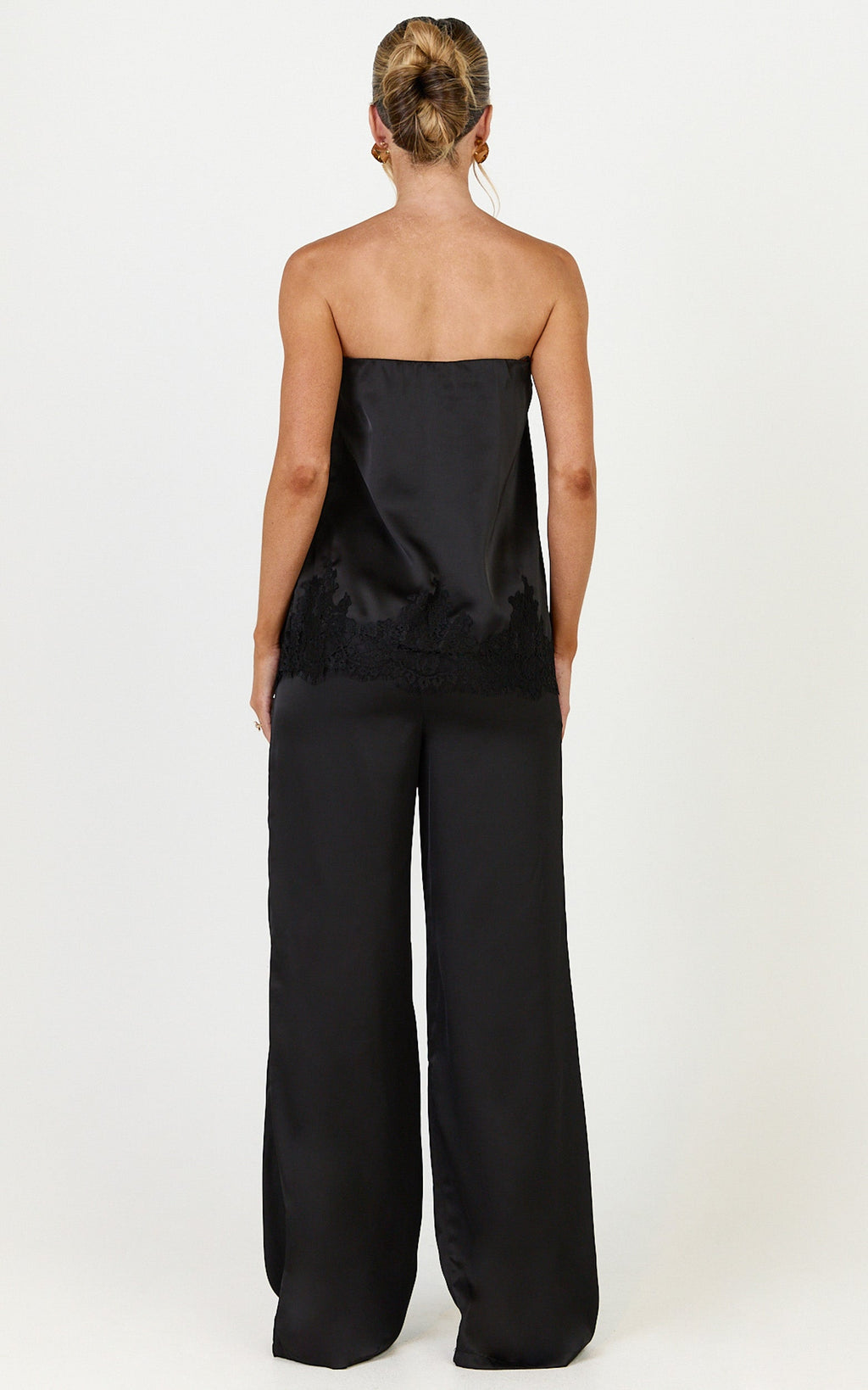 Chantelle Top and Pants Set - Satin Strapless Top With Lace Hem Pants Set in Black