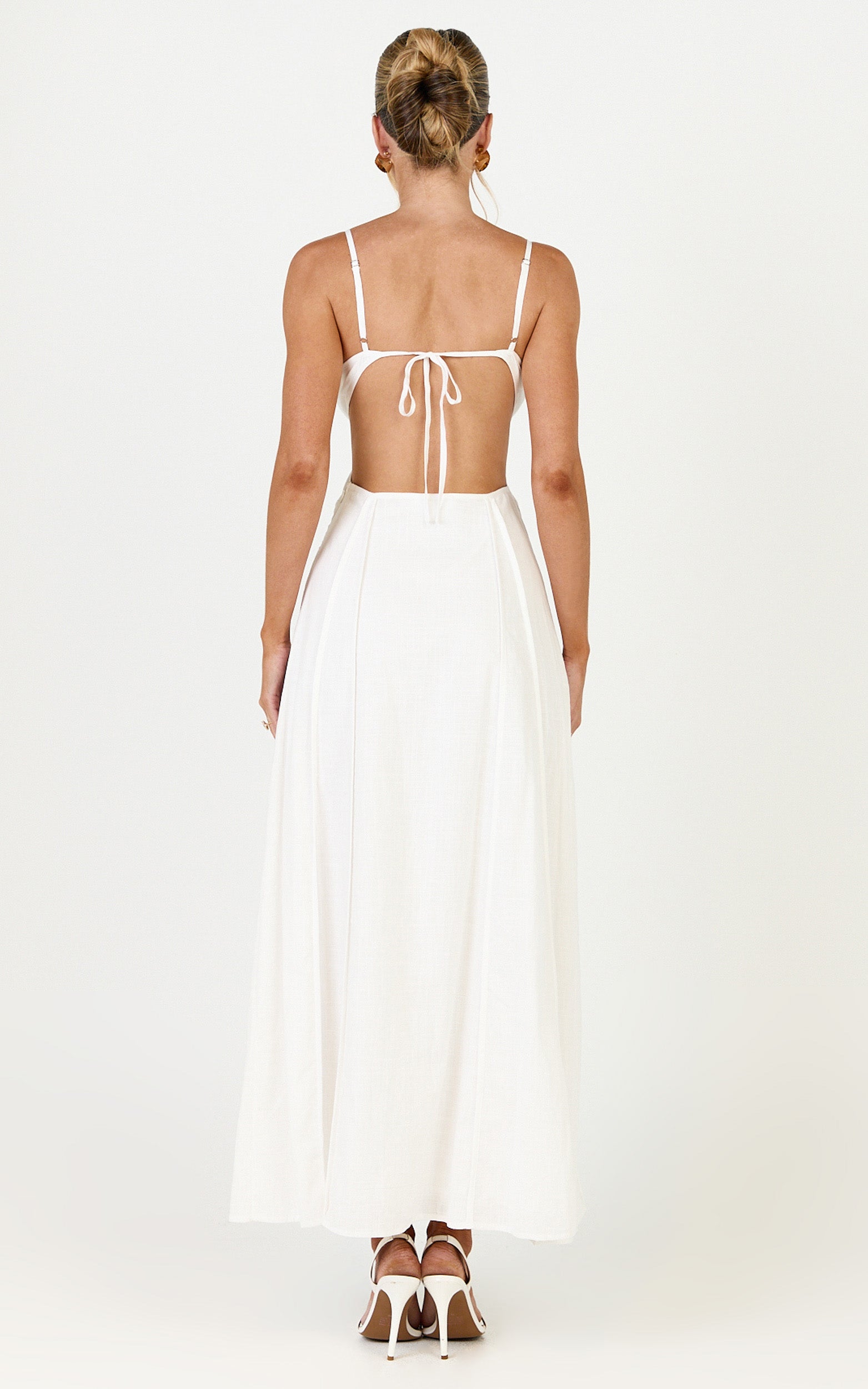 Grace Midi Dress - Strappy Cutaway with Godet Detail Dress in White