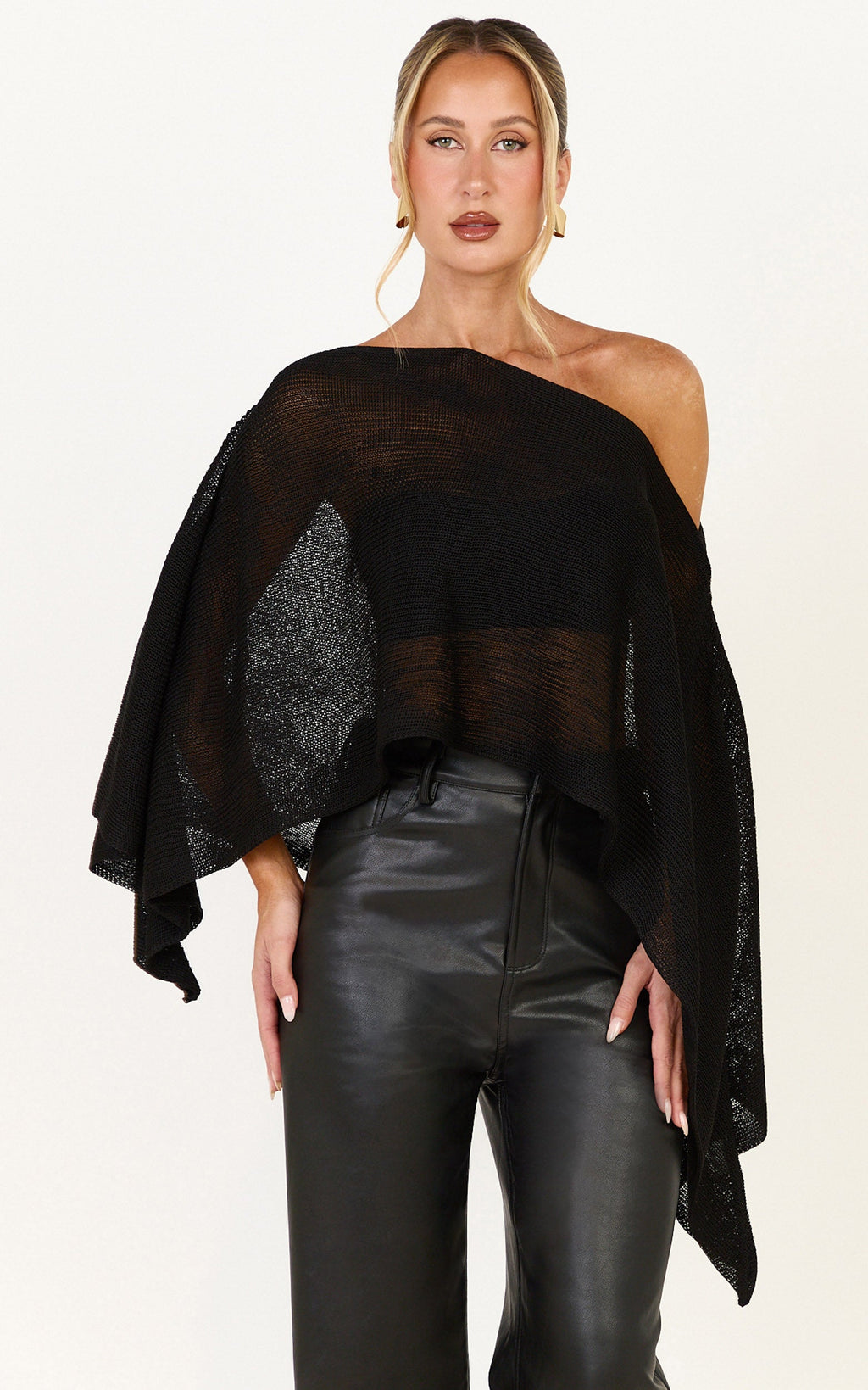 Amarie Top - Sheer Knit Off Shoulder Cape Top in Black
