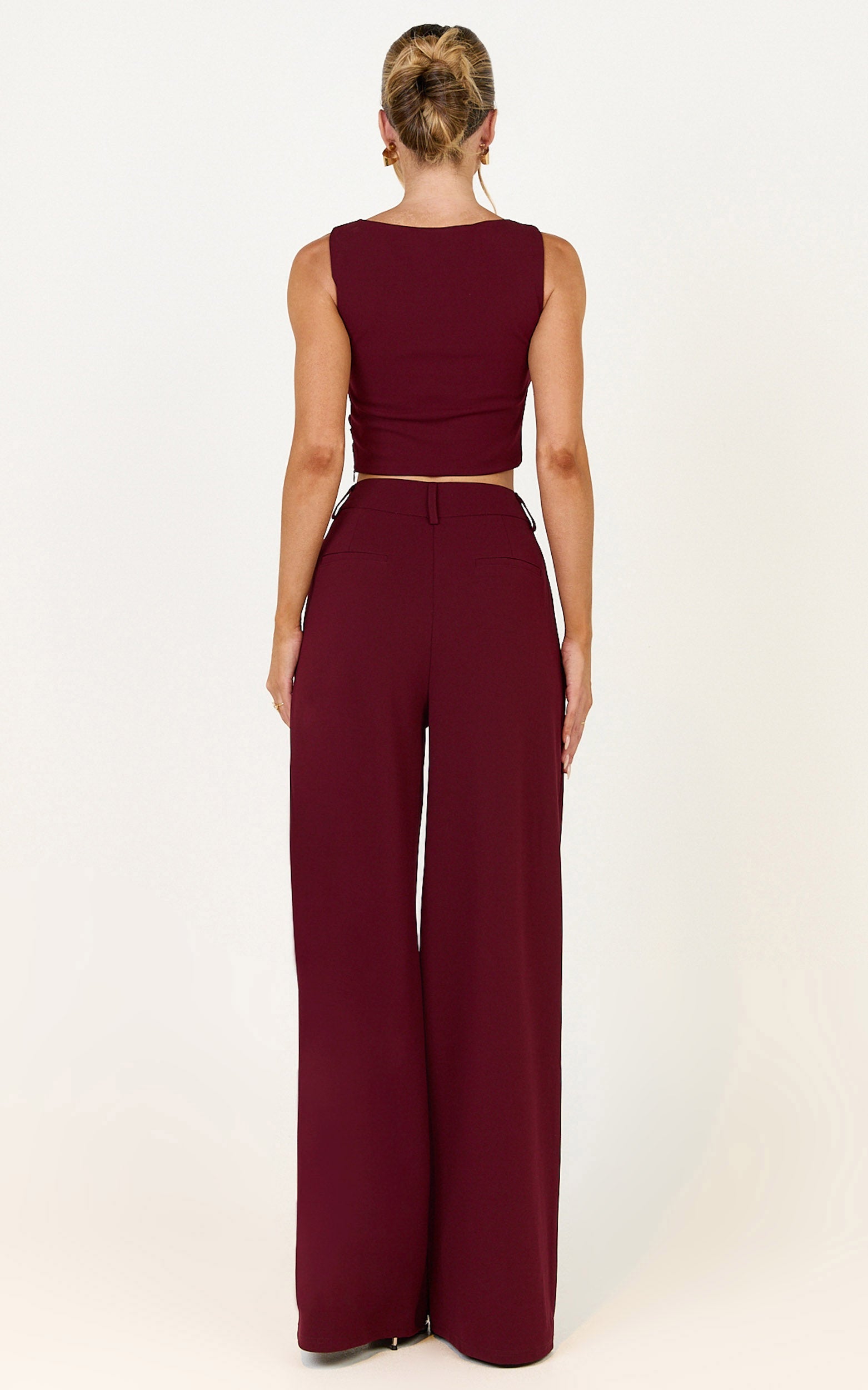 Helen Two Piece Set - Crepe Twisted Top And Wide Leg Pants in Wine
