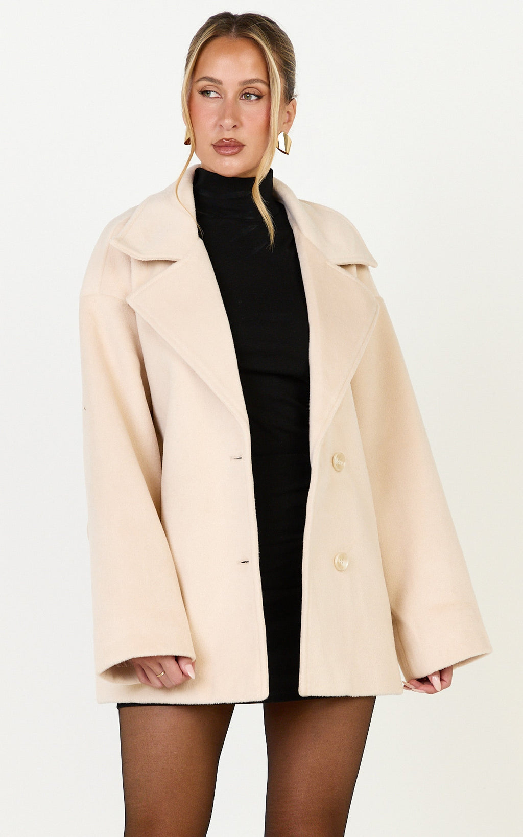 Dahlia Coat - Single Breasted Belted Short Wool Like Coat in Beige